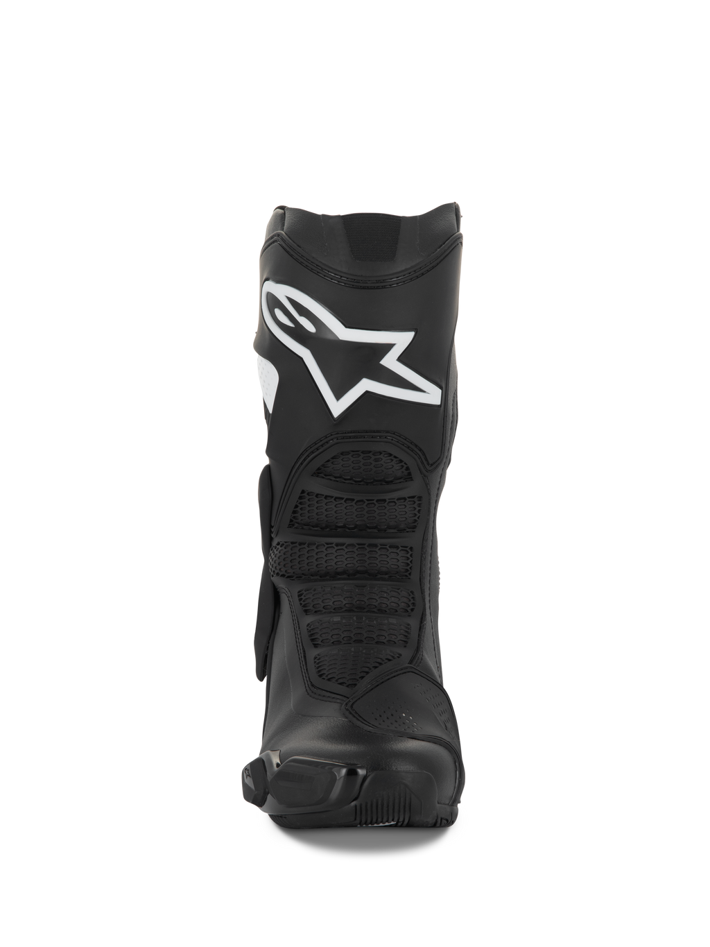 Alpinestars Stella SMX-6 V3 Boots, Women's Motorcycle Boots, Black and White, front-facing view showcasing the white Alpinestars logo on the shin, TPU protection, and ergonomic flex panels, engineered for track and street performance.