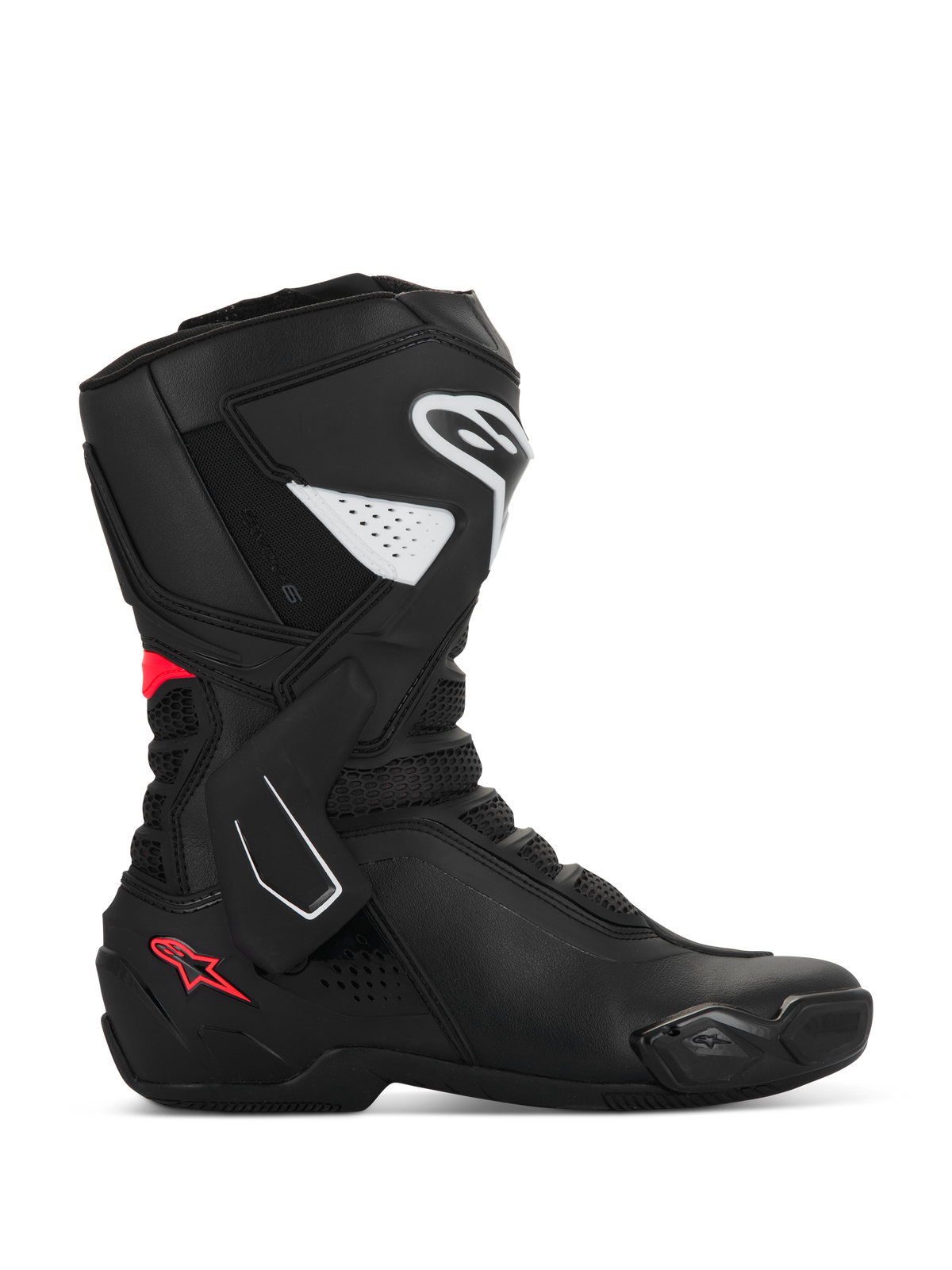 Alpinestars Stella SMX-6 V3 Boots, Women's Motorcycle Sport Boots, Black with White and Diva Pink accents, side profile featuring TPU shin and ankle protection, mesh flex panels, and performance microfiber construction for track and street.