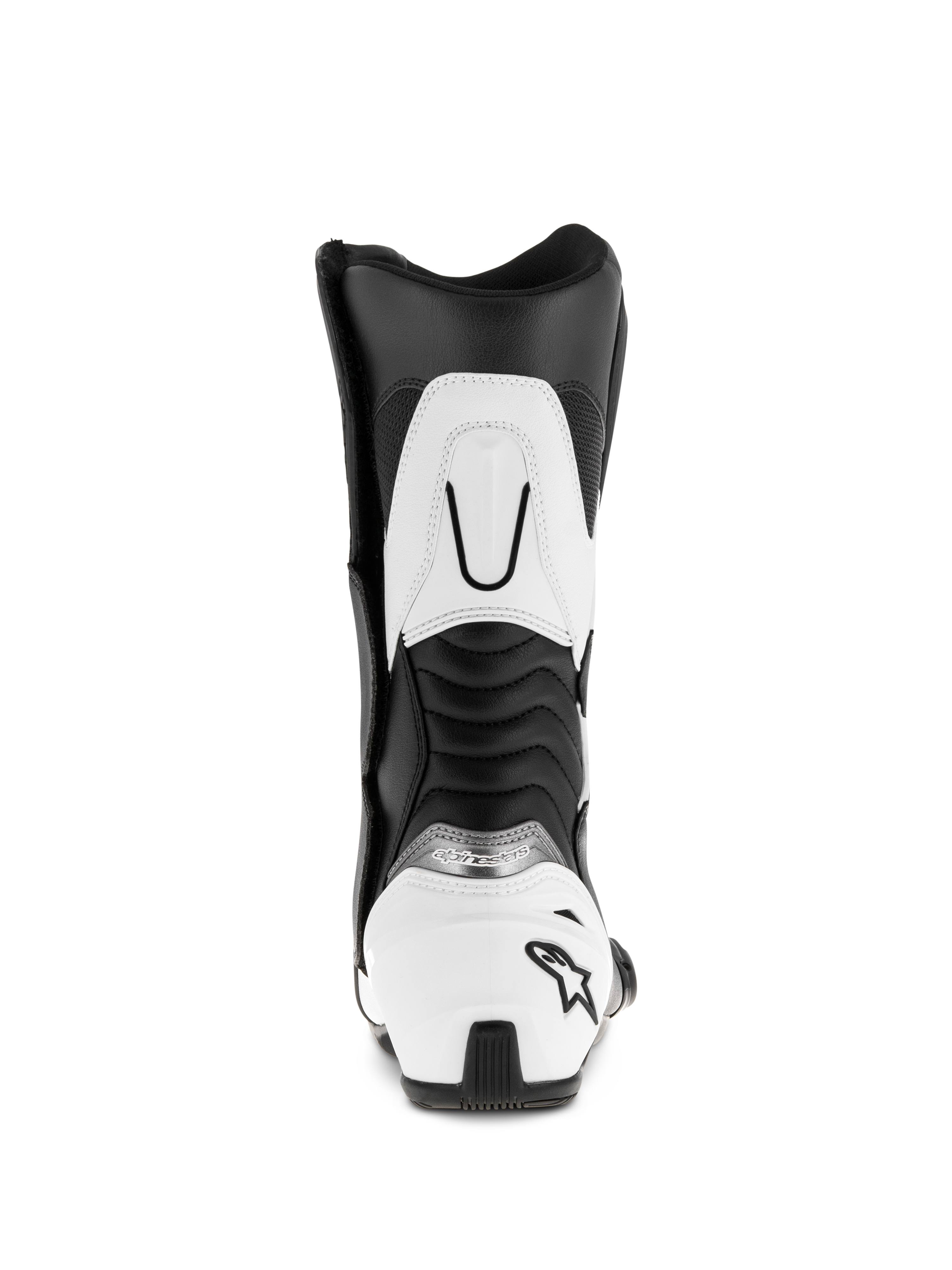 Alpinestars SMX S Boots, Black and White, rear view showing white heel counter with black star logo, ribbed accordion flex panels, and white upper calf reinforcement, durable microfiber sport motorcycle boots