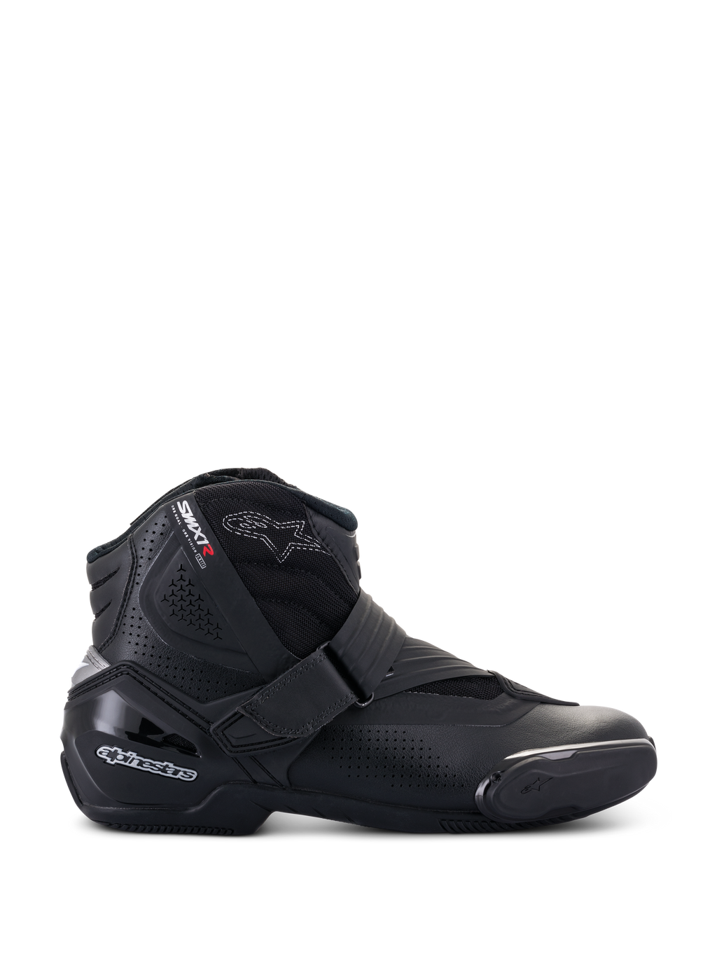 Alpinestars SMX-1 R V2 Vented Boots, low-cut black motorcycle shoes, side profile featuring perforated microfiber panels, TPU heel protection and toe slider, Velcro strap closure, sport road riding footwear