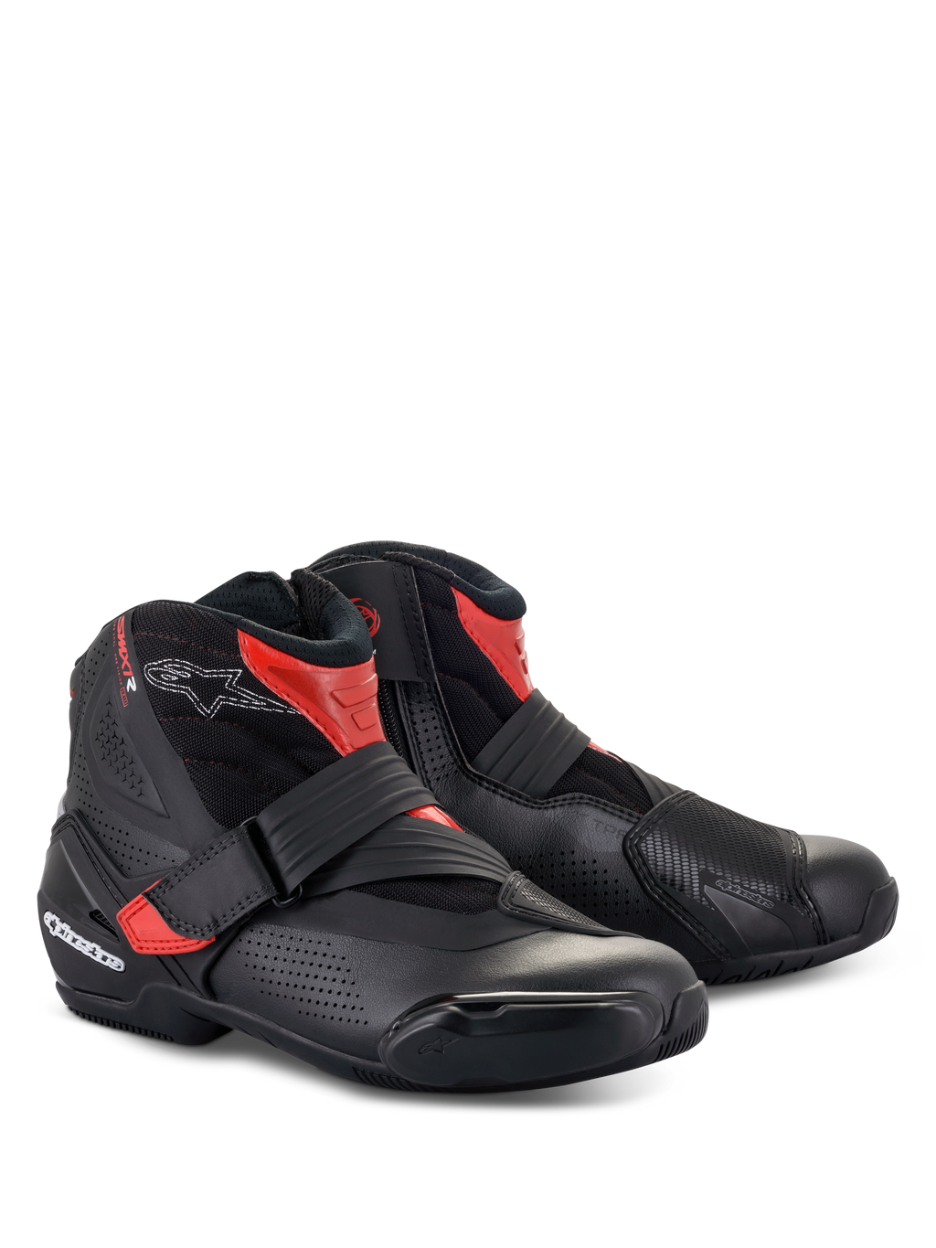 Alpinestars SMX-1 R V2 Vented Boots, low-cut motorcycle riding shoes, Black and Red, featuring perforated microfiber for airflow, TPU protection, and strap closure for sport road riding.