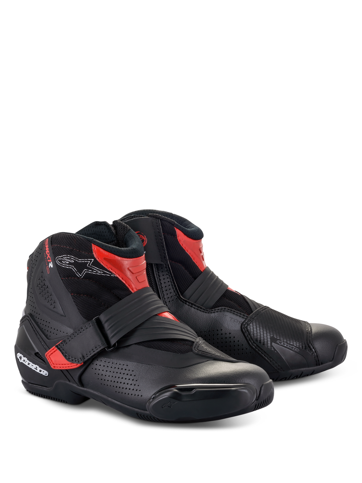 Alpinestars SMX-1 R V2 Vented Boots, bottines de moto à coupe basse, noir et rouge, avec microfibre perforée pour la circulation de l'air, protection en TPU et fermeture par sangle pour la conduite sportive sur route.