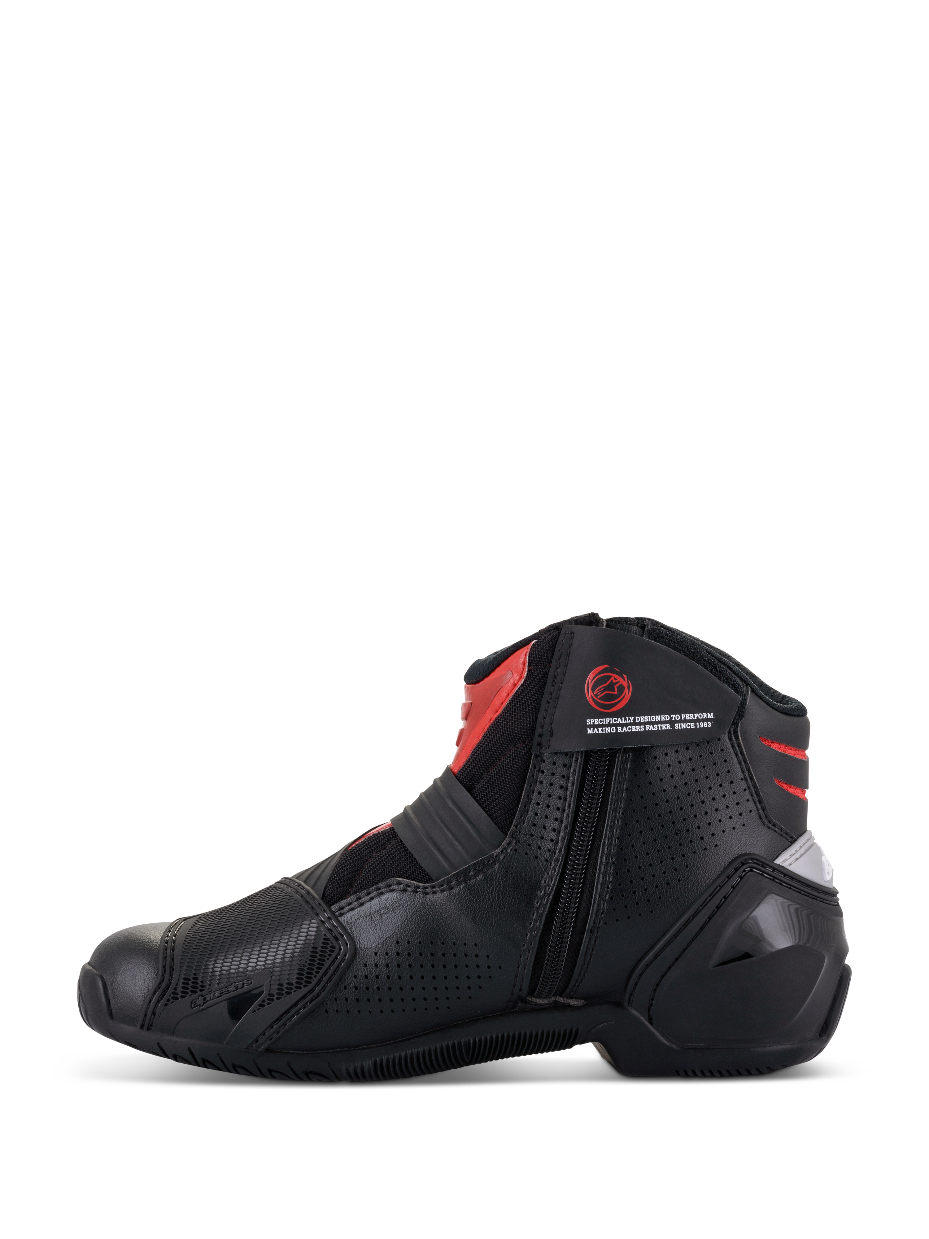 Alpinestars SMX-1 R V2 Vented Boots, Black and Red, low-cut motorcycle riding shoe, side profile showing medial zipper closure, perforated microfiber upper for airflow, red accents on the ankle and tongue, performance footwear for road riding.