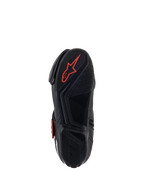 Alpinestars SMX-1 R V2 Vented Boots, Motorcycle Riding Shoe, Black and Red, Bottom view of the rubber compound sole featuring textured grip patterns and a red Astars logo