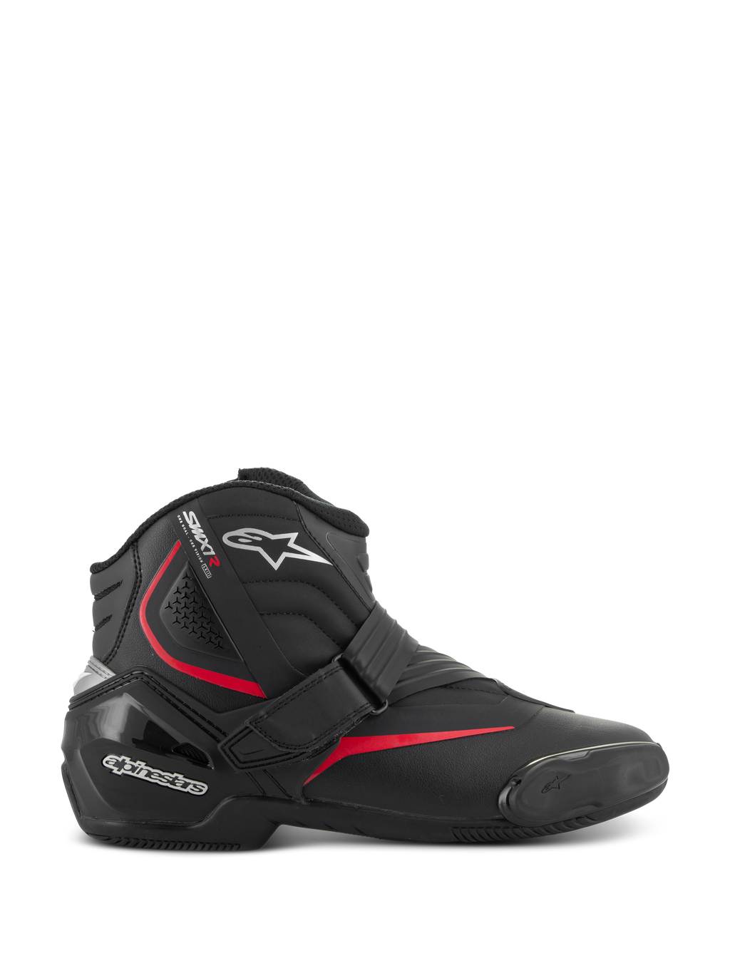Bottes Alpinestars SMX-1 R V2, bottines de moto de performance à coupe basse, noires avec des accents rouges et blancs, fermeture par sangle Velcro sécurisée, contrefort de talon et protection de cheville en TPU renforcé, zones de flexion en accordéon et semelle en caoutchouc texturé pour la conduite sportive sur route
