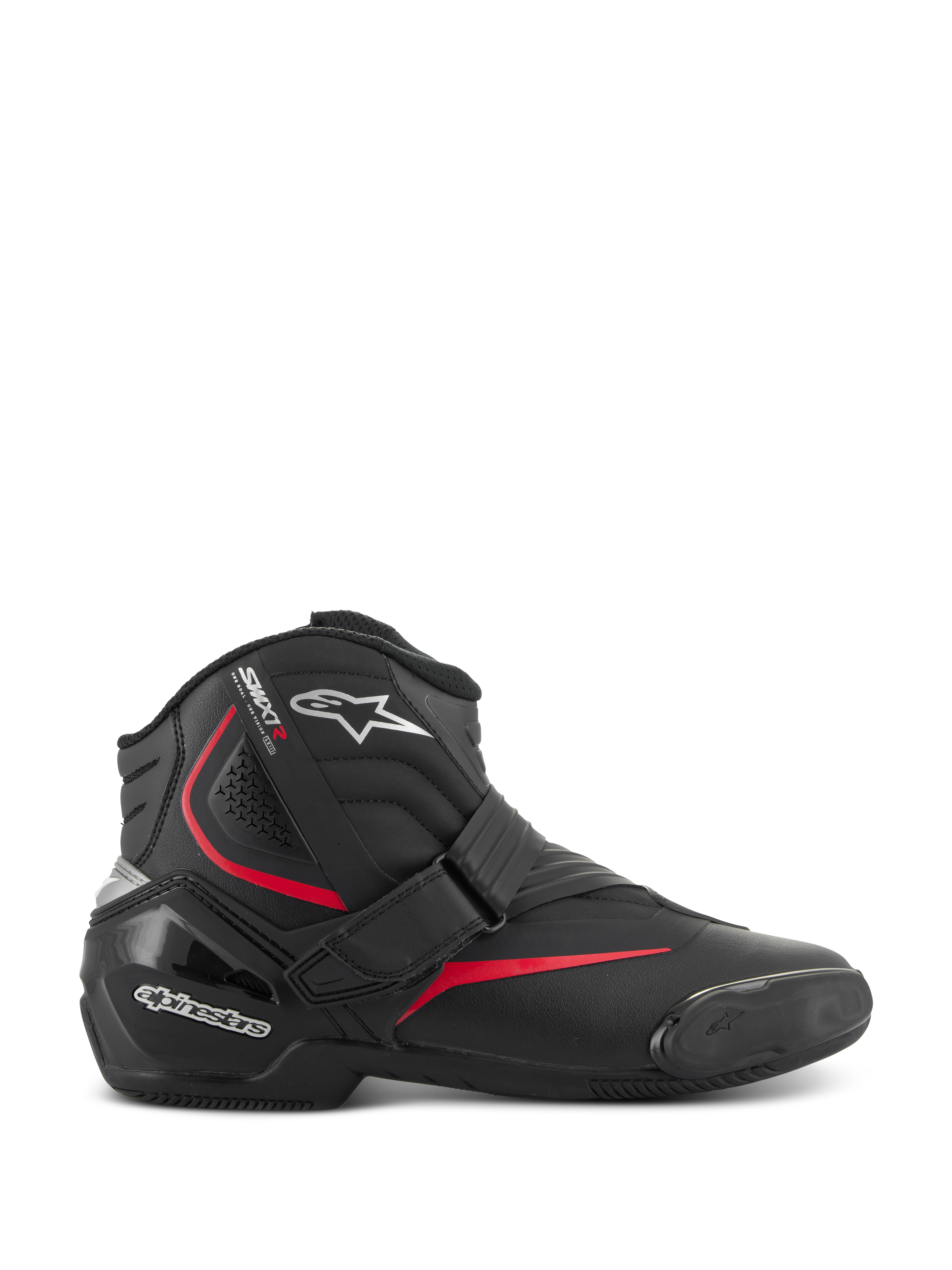 Bottes Alpinestars SMX-1 R V2, bottines de moto de performance à coupe basse, noires avec des accents rouges et blancs, fermeture par sangle Velcro sécurisée, contrefort de talon et protection de cheville en TPU renforcé, zones de flexion en accordéon et semelle en caoutchouc texturé pour la conduite sportive sur route