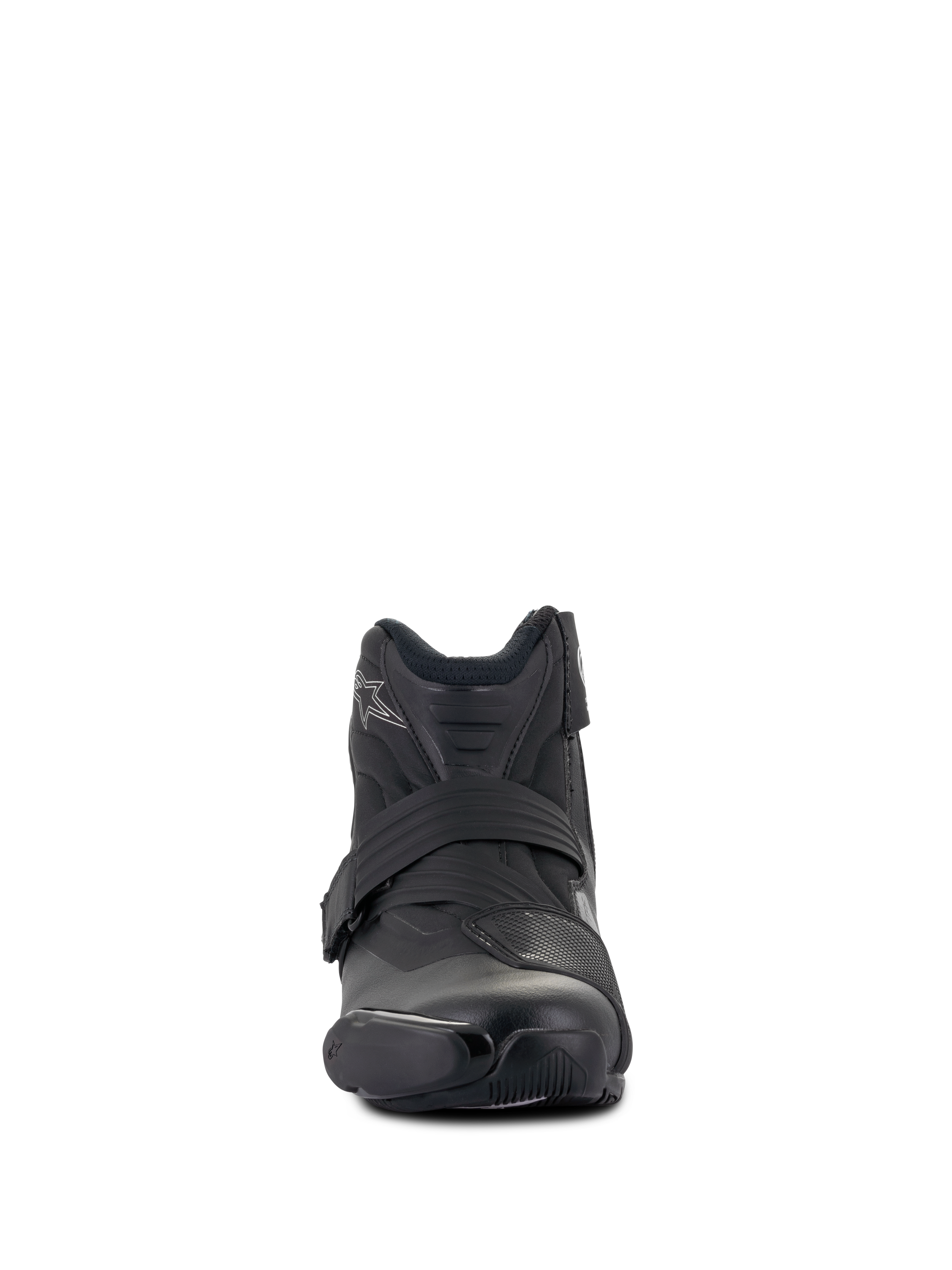 Bottes femme Alpinestars Stella SMX-1 R V2, bottines de moto performantes à coupe basse, noir, vue de face, dotées d'une tige en microfibre, d'un renfort de sélecteur en TPU et d'une sangle de fermeture ergonomique, design d'inspiration sportive