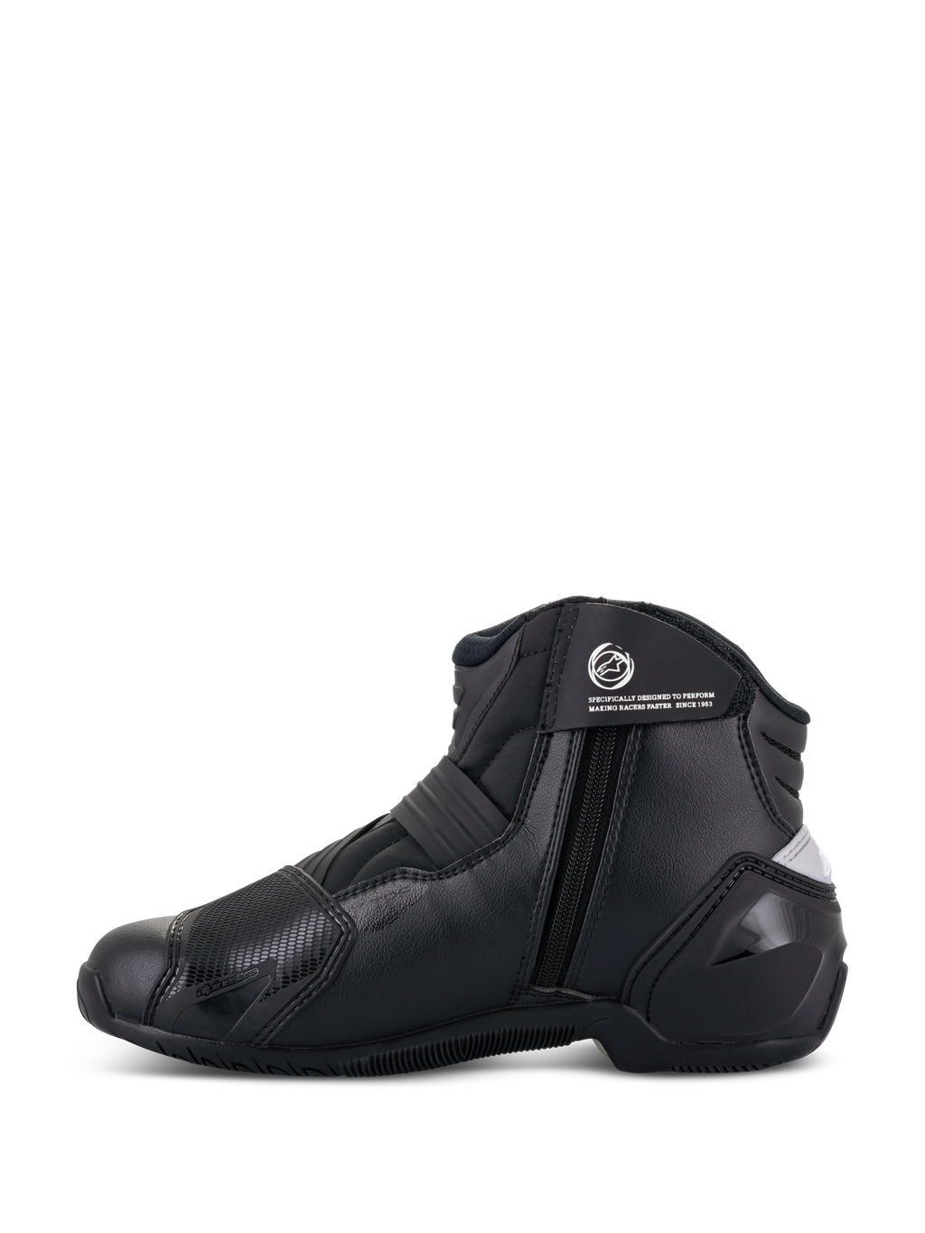 Bottes femme Alpinestars Stella SMX-1 R V2, noir, bottines de moto performance à tige basse, vue de profil latérale montrant la fermeture éclair, la sangle de cheville avec logo et la construction en microfibre avec contrefort de talon en TPU