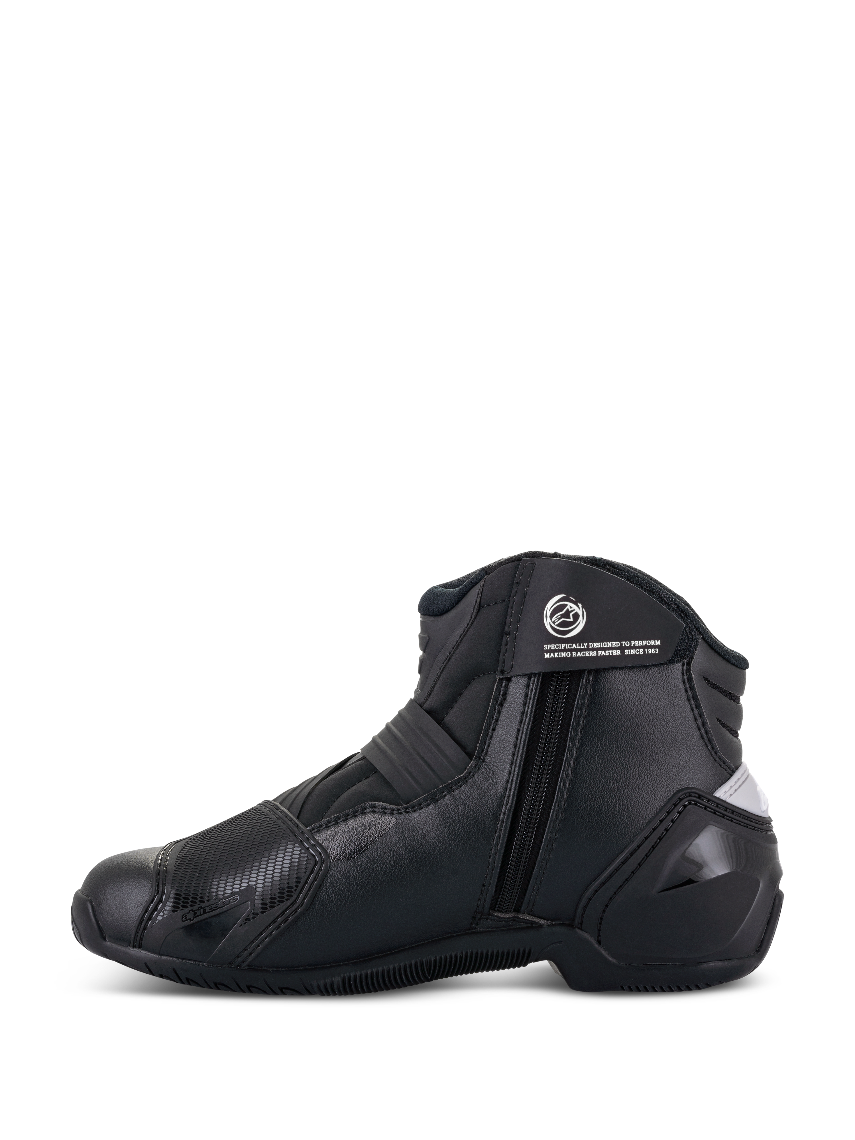 Bottes femme Alpinestars Stella SMX-1 R V2, noir, bottines de moto performance à tige basse, vue de profil latérale montrant la fermeture éclair, la sangle de cheville avec logo et la construction en microfibre avec contrefort de talon en TPU