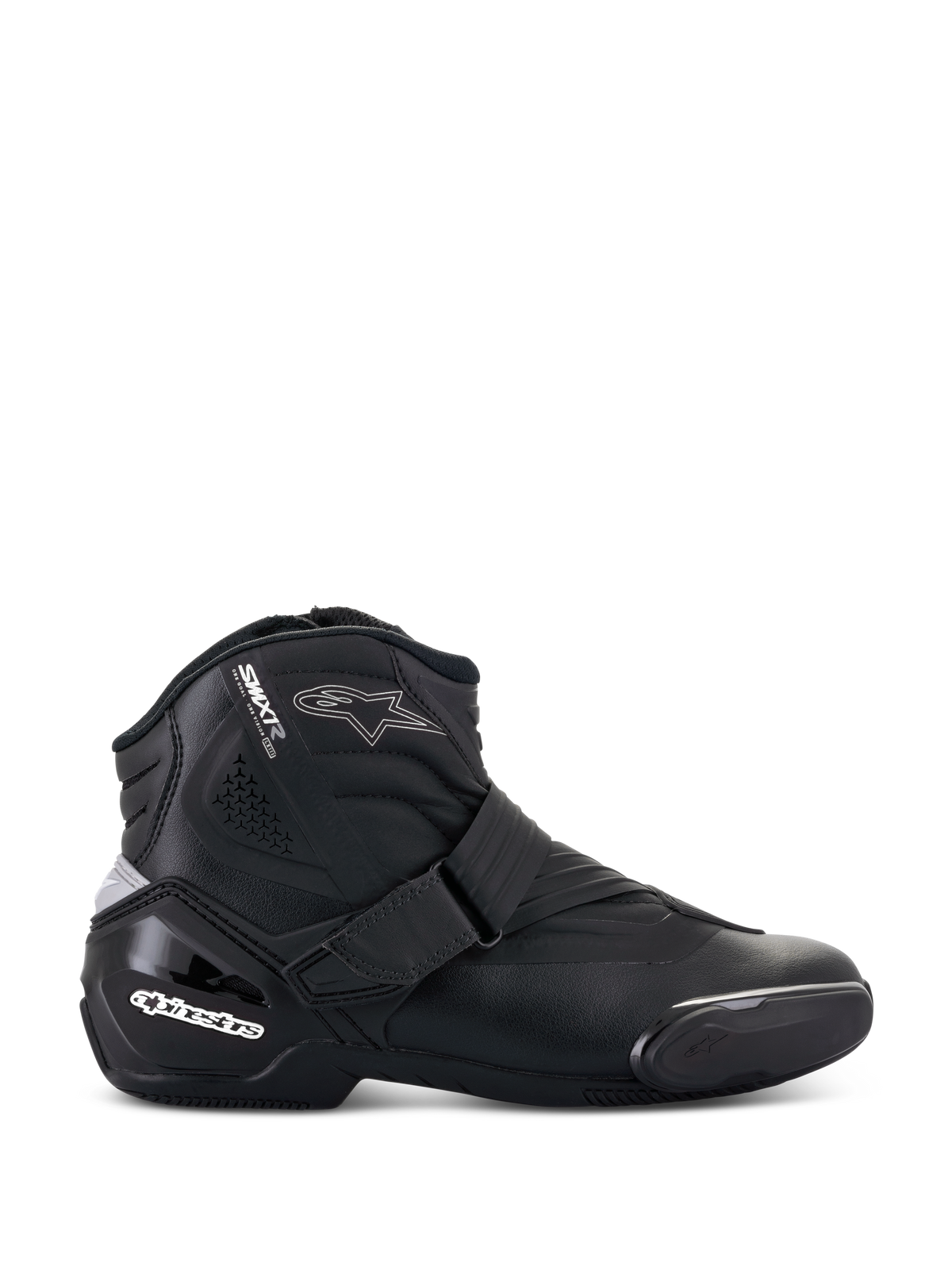 Bottes Alpinestars Stella SMX-1 R V2, bottines de moto pour femme, noires, vue de profil avec construction en microfibre, fermeture à sangle réglable, contrefort de talon renforcé en TPU avec marquage blanc, logo étoile et semelle en caoutchouc durable.