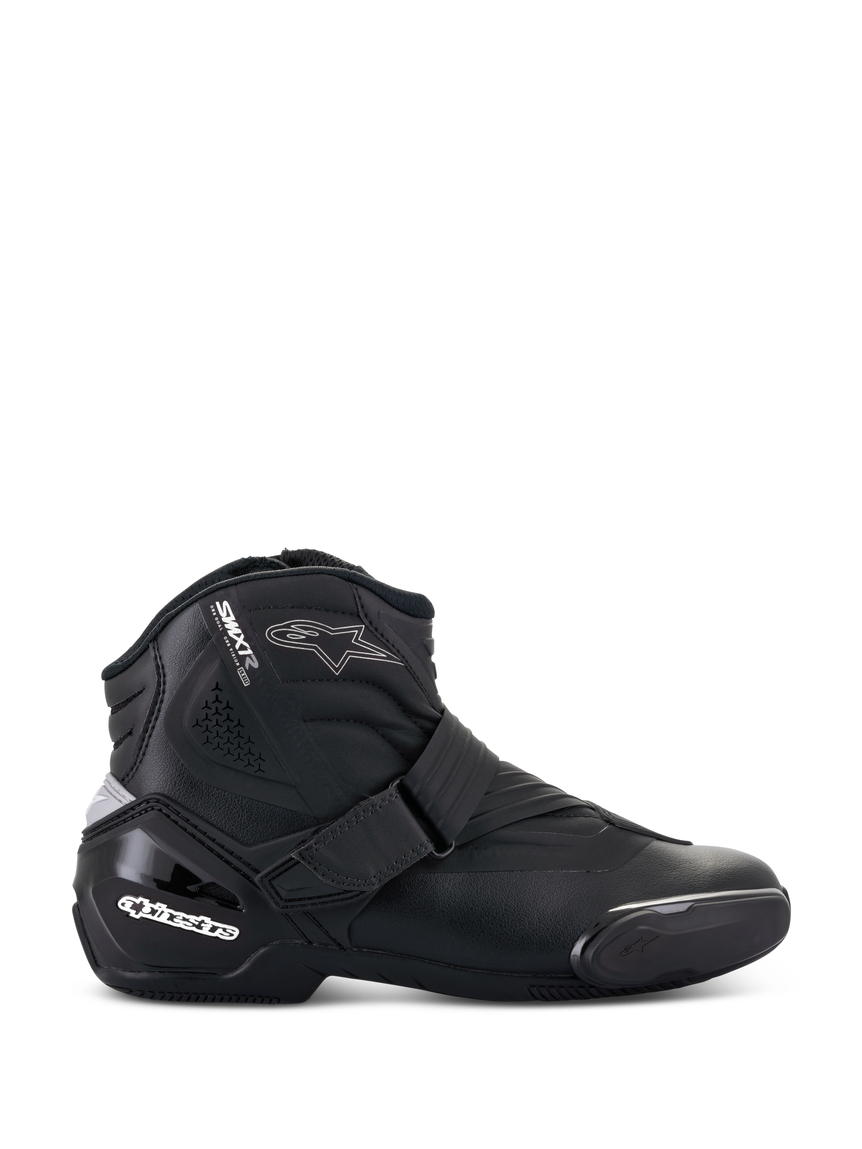 Bottes Alpinestars Stella SMX-1 R V2, bottines de moto pour femme, noires, vue de profil avec construction en microfibre, fermeture à sangle réglable, contrefort de talon renforcé en TPU avec marquage blanc, logo étoile et semelle en caoutchouc durable.