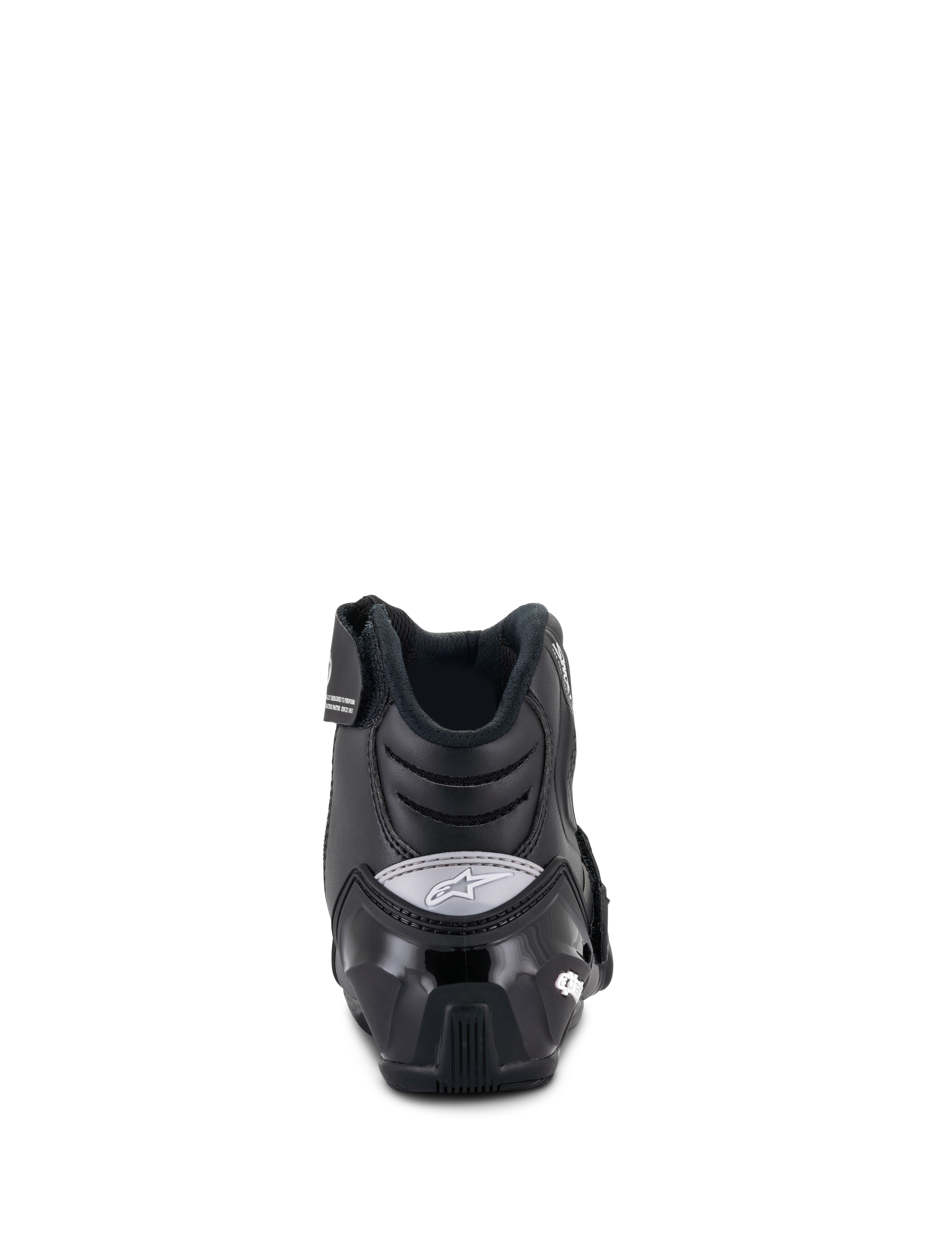 Bottes femme Alpinestars Stella SMX-1 R V2, bottines de moto coupe basse, noir, vue arrière montrant le contrefort de talon renforcé en TPU et le logo Alpinestars gris, chaussures de performance pour la conduite