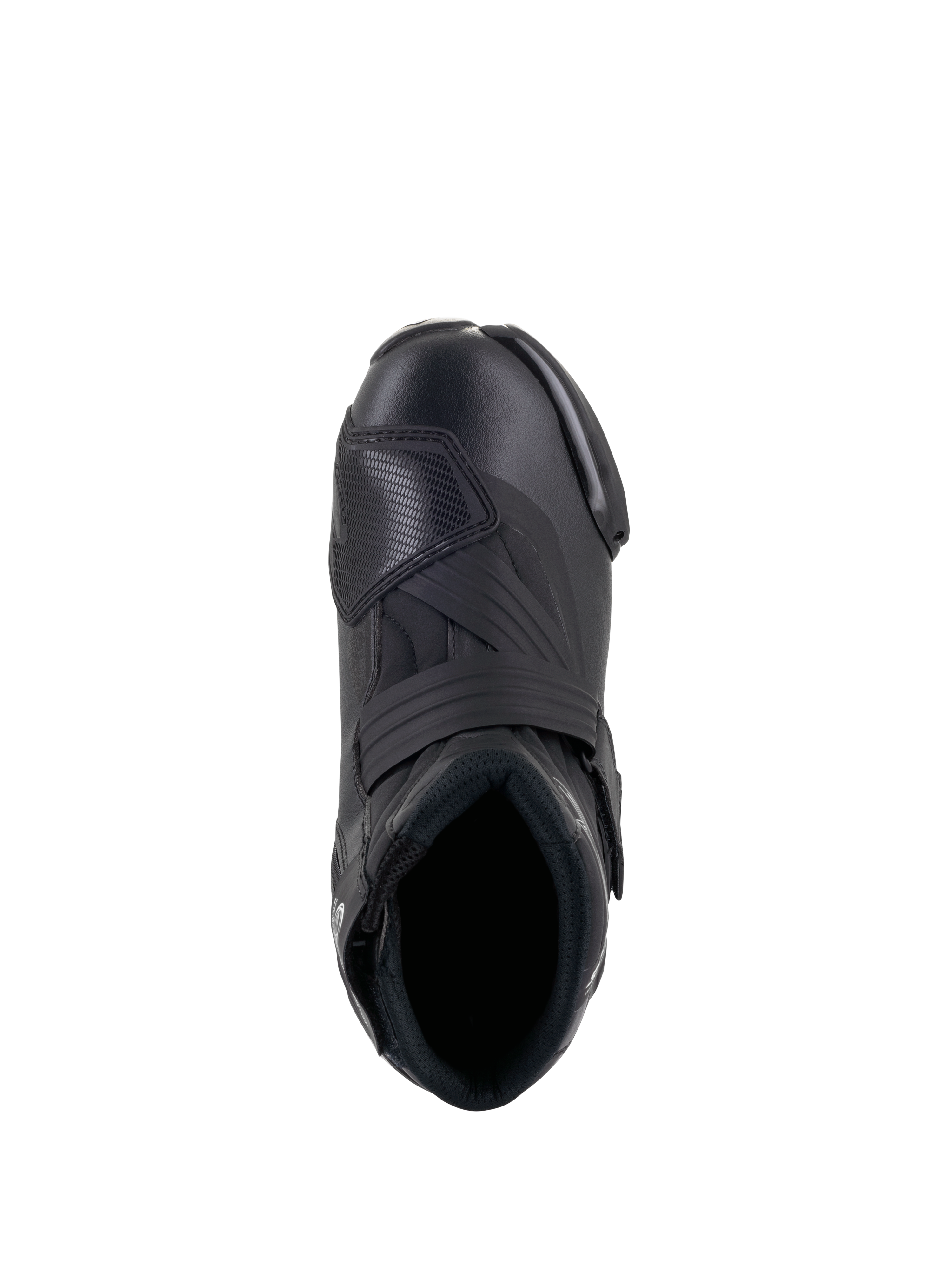 Bottines femme Alpinestars Stella SMX-1 R V2, chaussures de moto de performance à coupe basse en noir, vue de dessus montrant l'ouverture pour le pied, la sangle de cou-de-pied et le protège-sélecteur en TPU texturé, construction élégante en microfibre