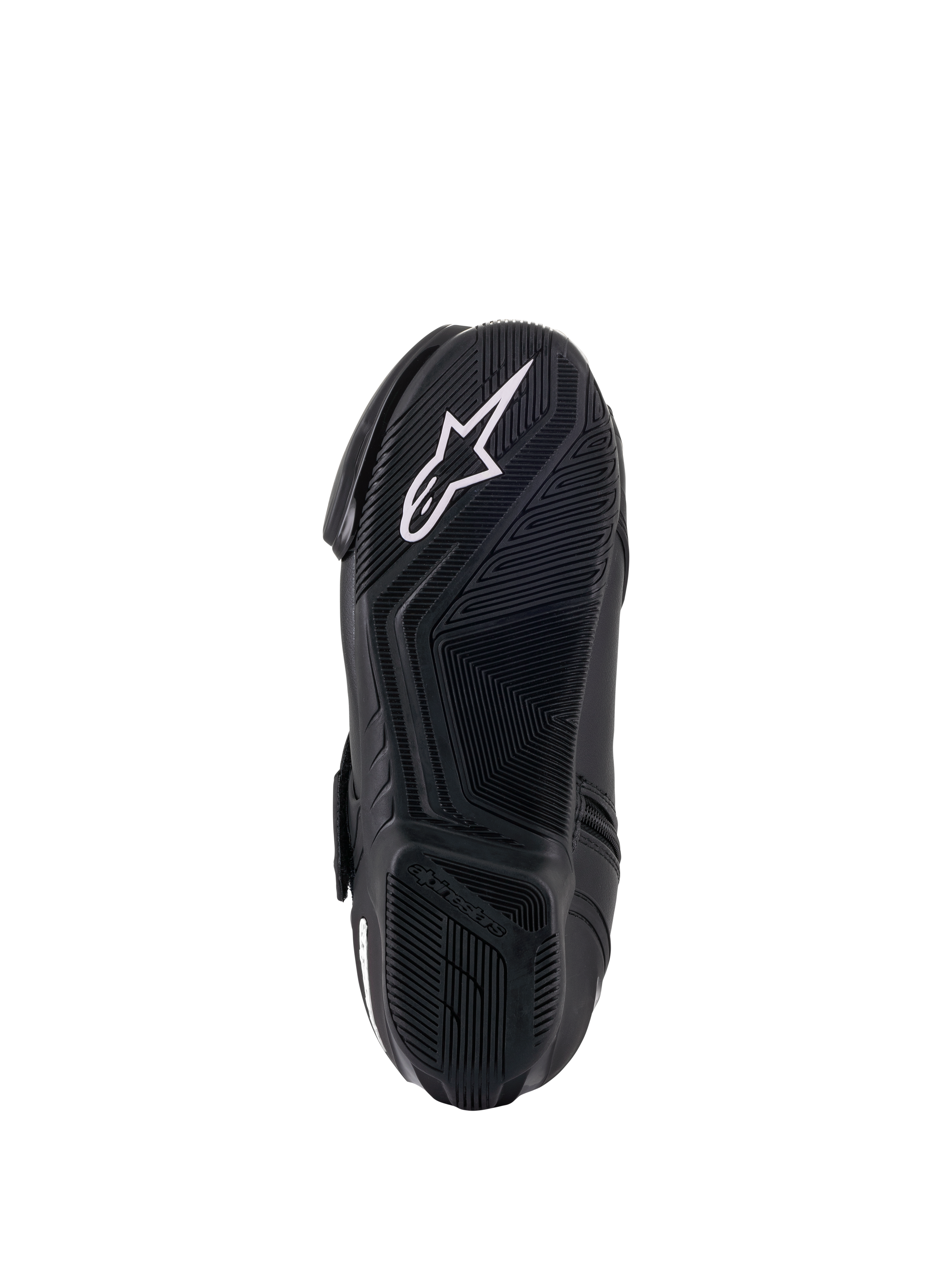 Bottes femme Alpinestars Stella SMX-1 R V2, noir, vue de dessous de la semelle en mélange de caoutchouc, dotée d'un motif à haute adhérence et d'un logo étoile Alpinestars blanc, chaussures de moto haute performance