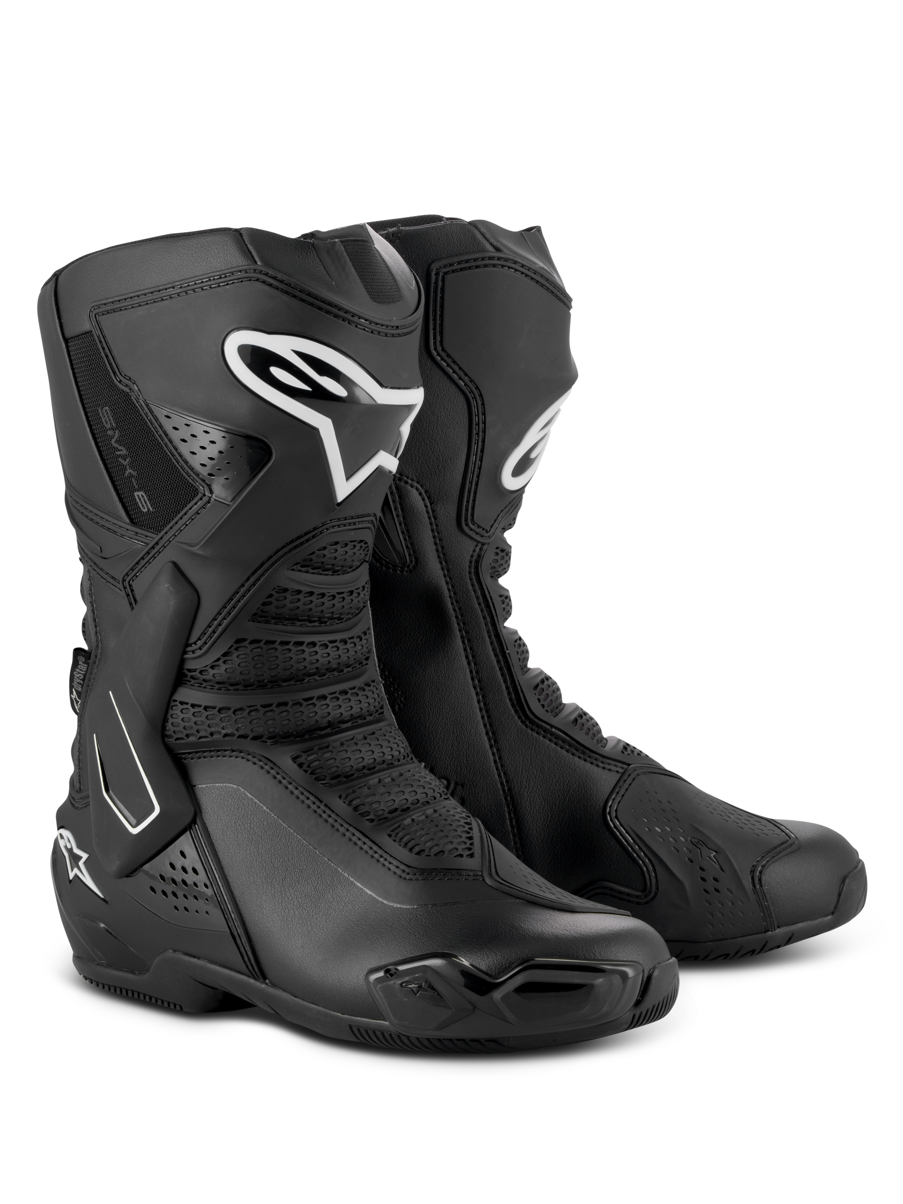 Bottes Alpinestars SMX-6 V3 Drystar®, bottes de moto haute performance, noires, dotées de protections de tibia en TPU avec logo Alpinestars blanc, sliders d'orteils remplaçables et construction en microfibre avancée, équipement de conduite sportive et routière