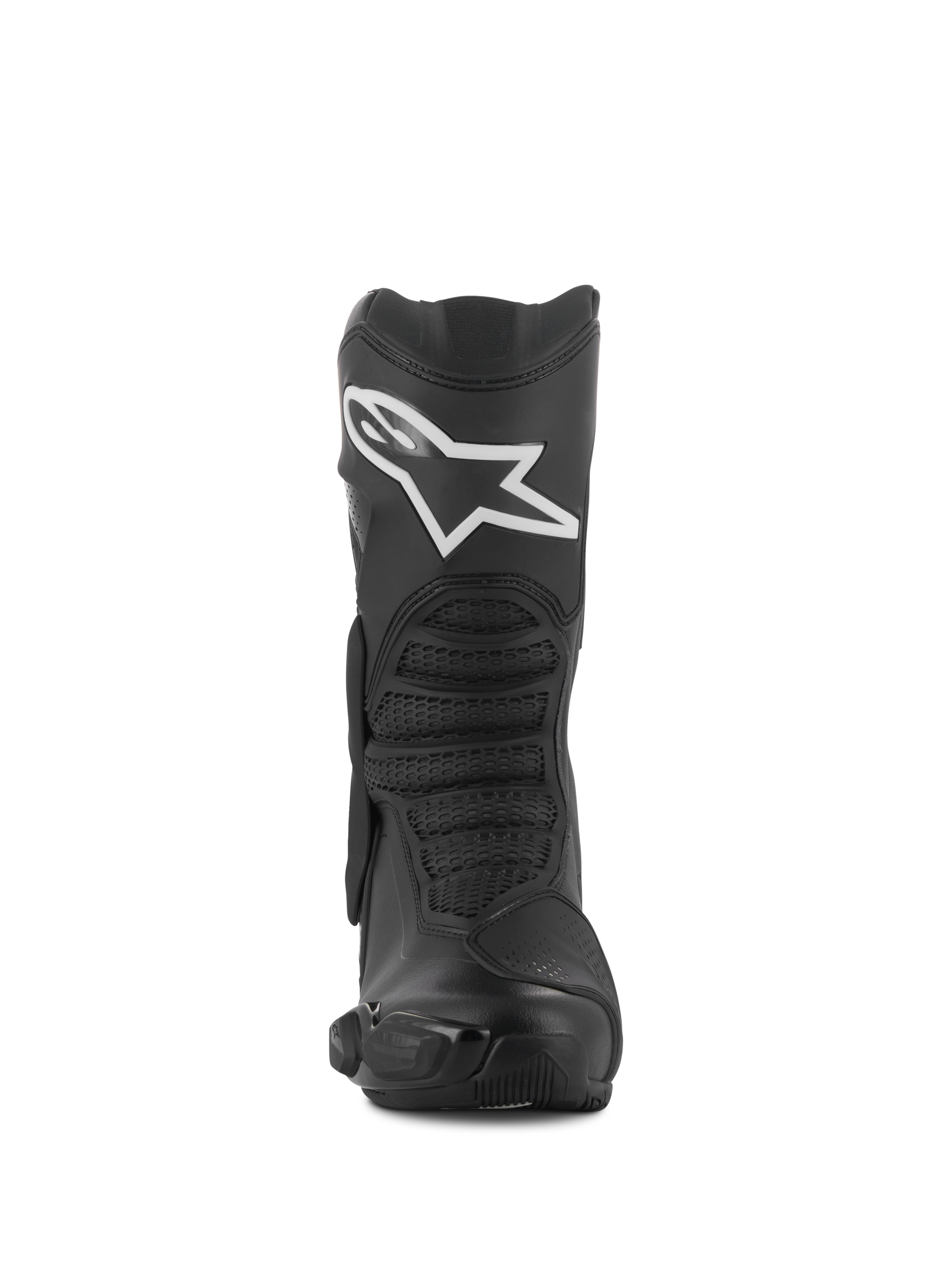 Bottes Alpinestars SMX-6 V3 Drystar®, Noir, Vue de face, bottes de moto de sport et de performance avec logo Alpinestars blanc sur le tibia, protections en TPU et zones de flexion texturées.