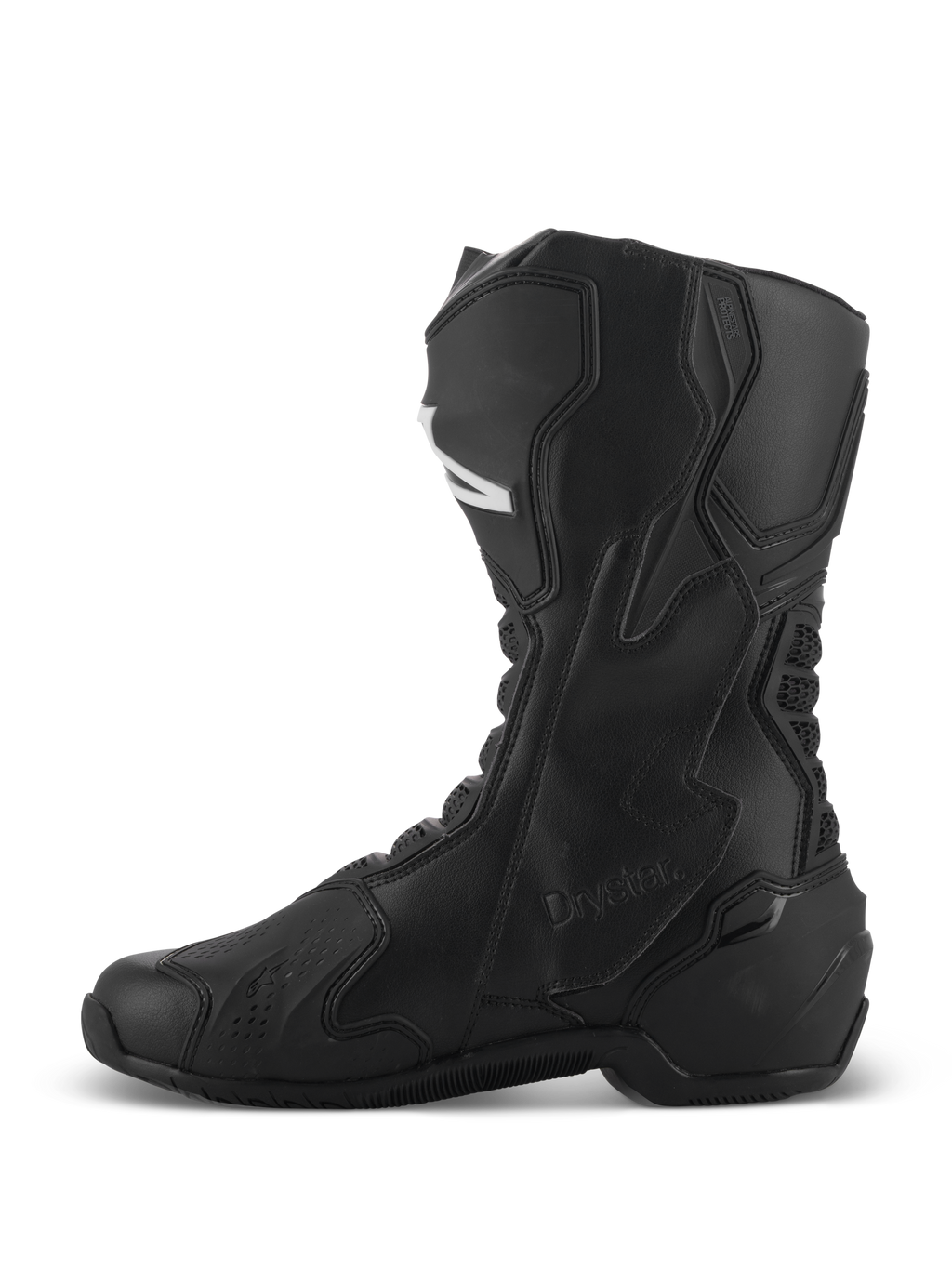 Bottes Alpinestars SMX-6 V3 Drystar®, bottes de performance pour moto noires, profil latéral montrant la construction haute en microfibre, les panneaux de protection en TPU et le marquage Drystar