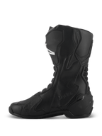 Bottes Alpinestars SMX-6 V3 Drystar®, bottes de performance pour moto noires, profil latéral montrant la construction haute en microfibre, les panneaux de protection en TPU et le marquage Drystar