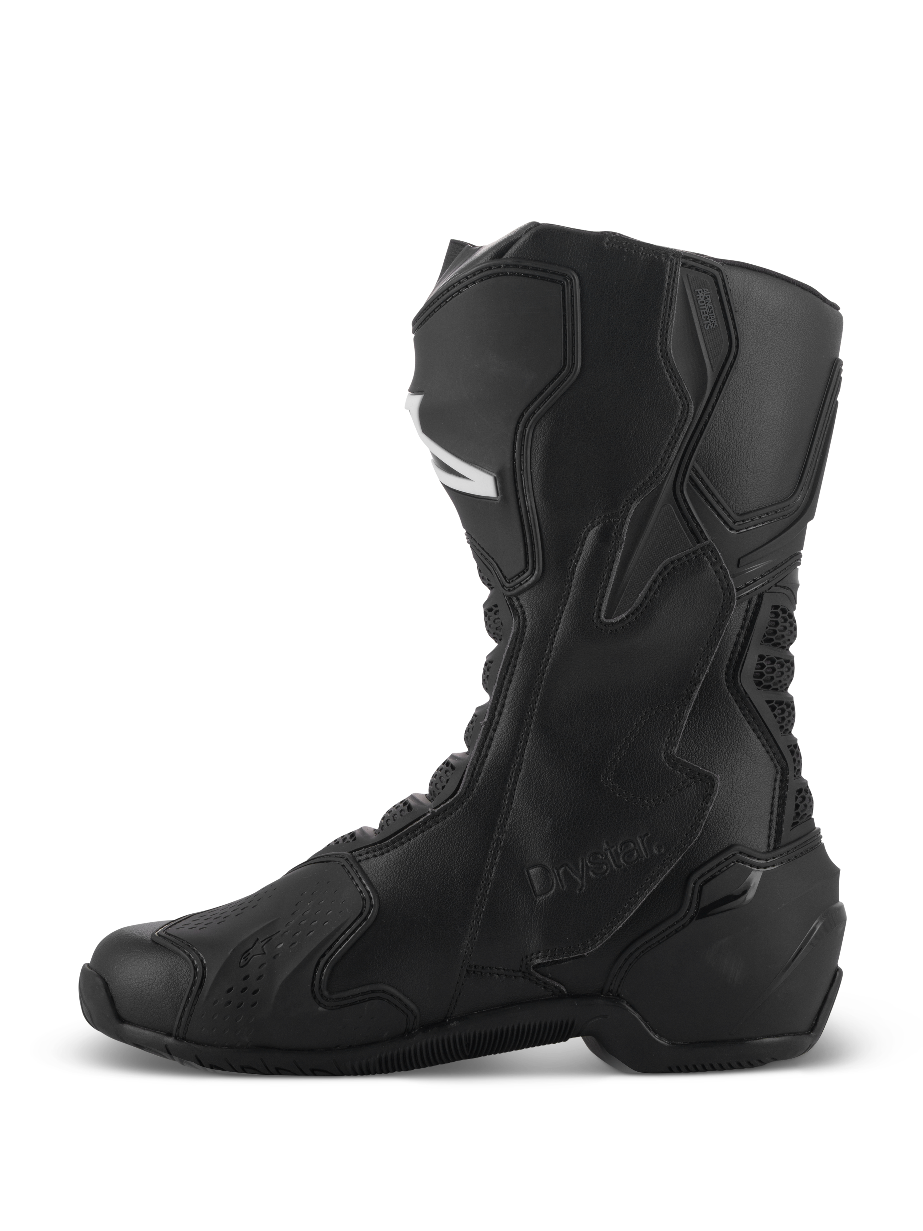 Bottes Alpinestars SMX-6 V3 Drystar®, bottes de performance pour moto noires, profil latéral montrant la construction haute en microfibre, les panneaux de protection en TPU et le marquage Drystar