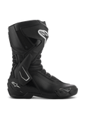 Alpinestars SMX-6 V3 Drystar, bottes de moto haute performance noires vues de profil, avec logos blancs, protection latérale de cheville en TPU, plaque tibiale renforcée et panneaux en mesh flexible