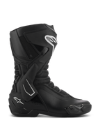 Alpinestars SMX-6 V3 Drystar, bottes de moto haute performance noires vues de profil, avec logos blancs, protection latérale de cheville en TPU, plaque tibiale renforcée et panneaux en mesh flexible