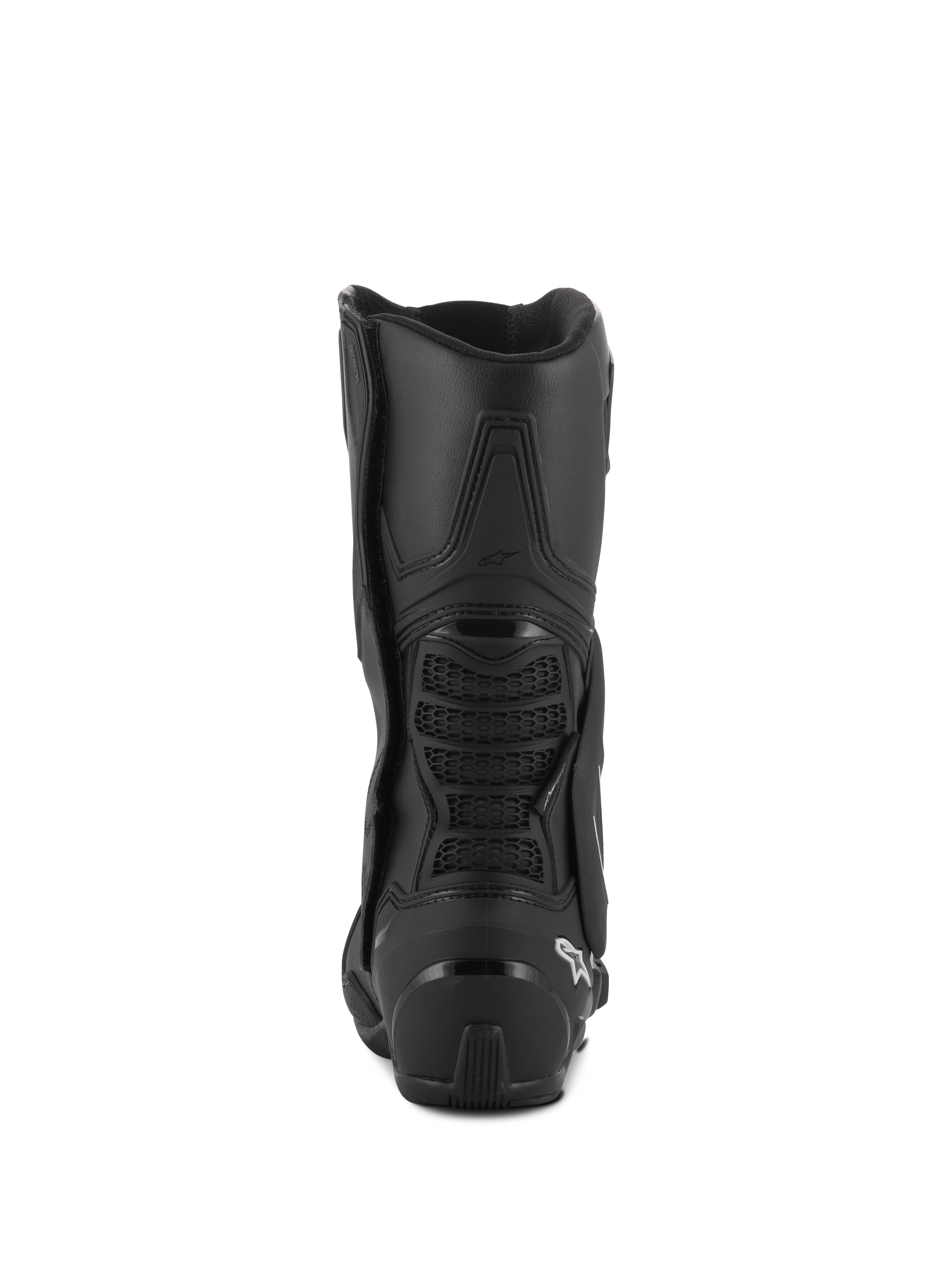 Bottes Alpinestars SMX-6 V3 Drystar®, bottes de moto haute performance, noires, vue arrière avec protecteur de talon en TPU et pont de mollet arrière avec détails en mesh, logo blanc sur le talon