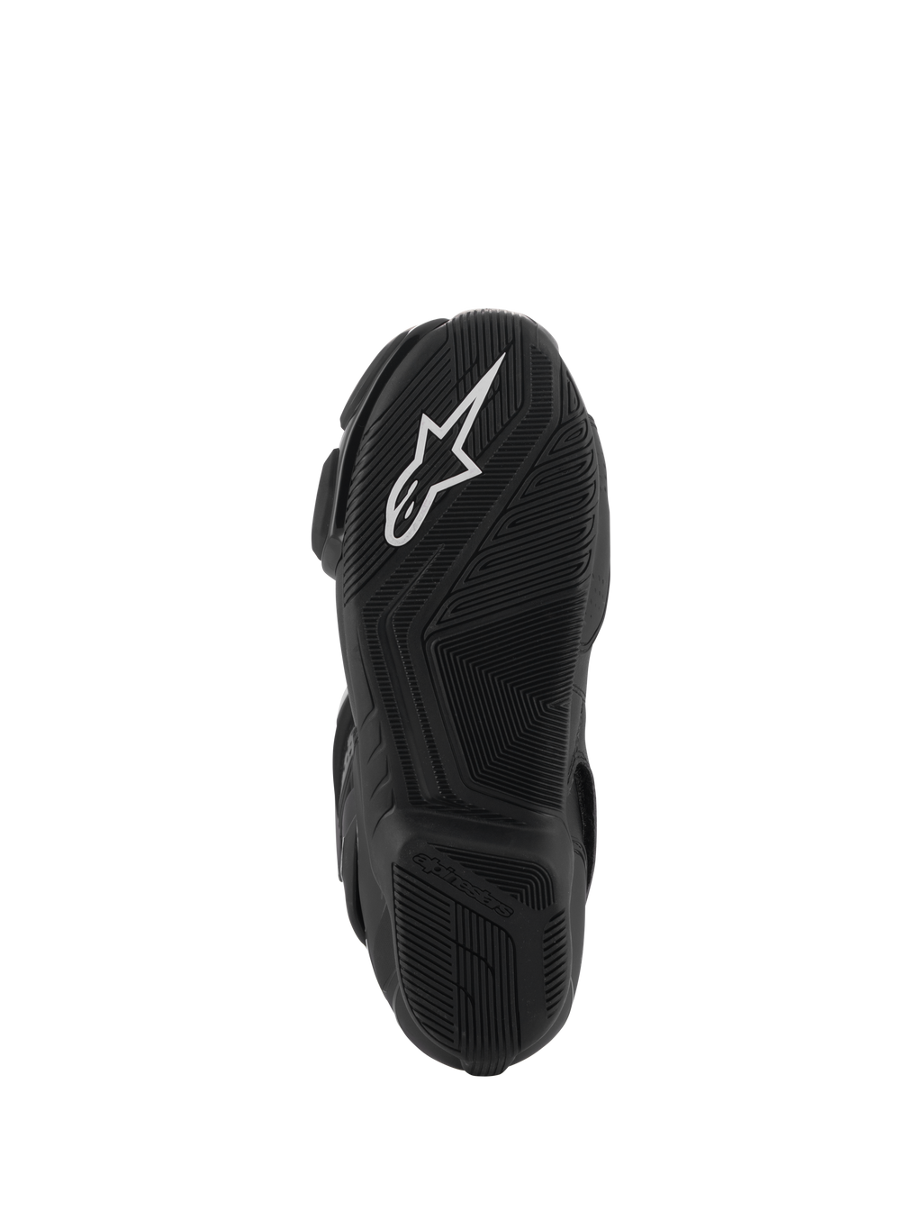 Bottes Alpinestars SMX-6 V3 Drystar®, vue de la semelle en caoutchouc noir, logo A-star blanc sur l'avant et marquage Alpinestars en relief sur le talon, motif texturé complexe pour l'adhérence et la performance