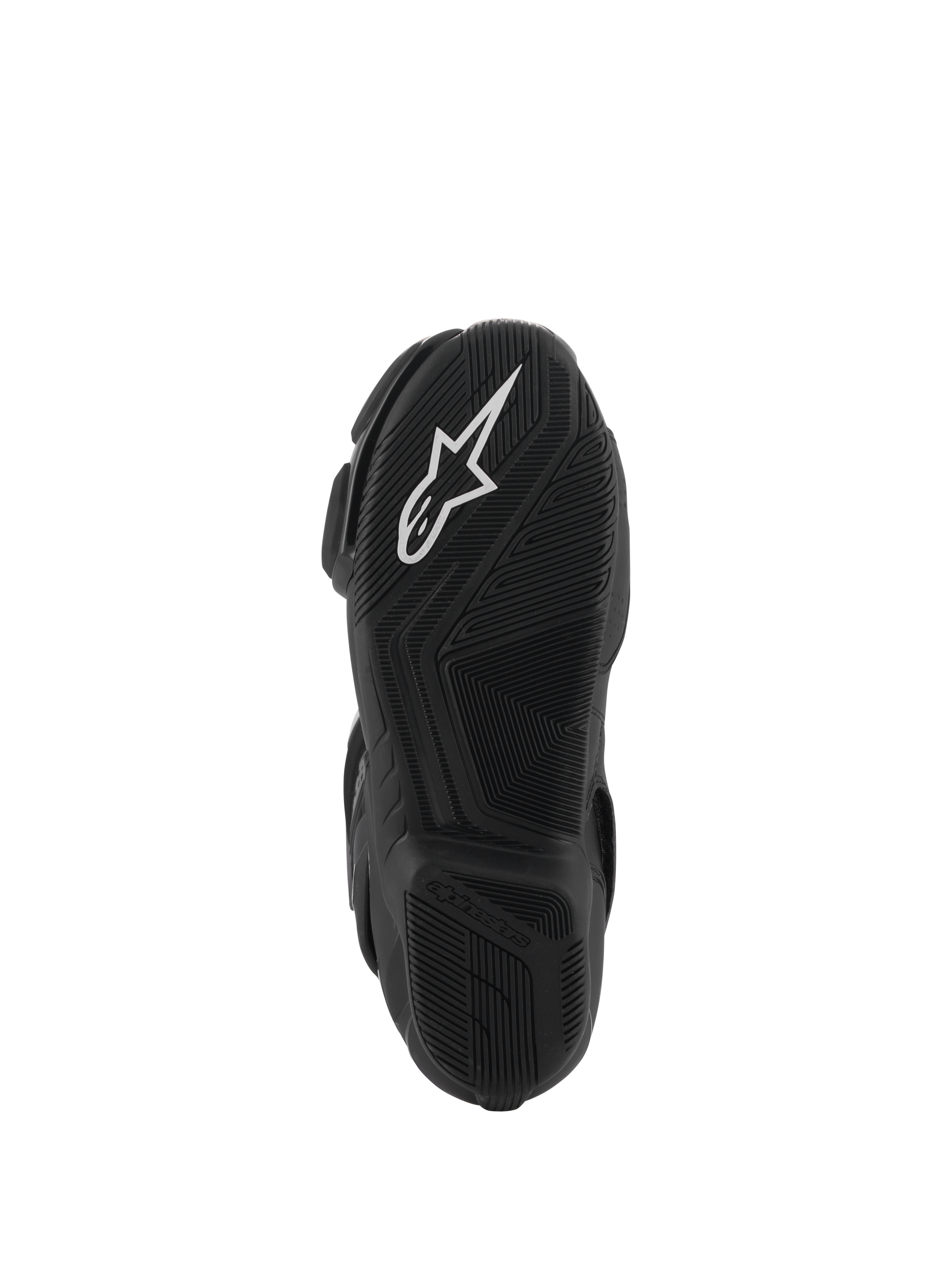 Bottes Alpinestars SMX-6 V3 Drystar®, vue de la semelle en caoutchouc noir, logo A-star blanc sur l'avant et marquage Alpinestars en relief sur le talon, motif texturé complexe pour l'adhérence et la performance