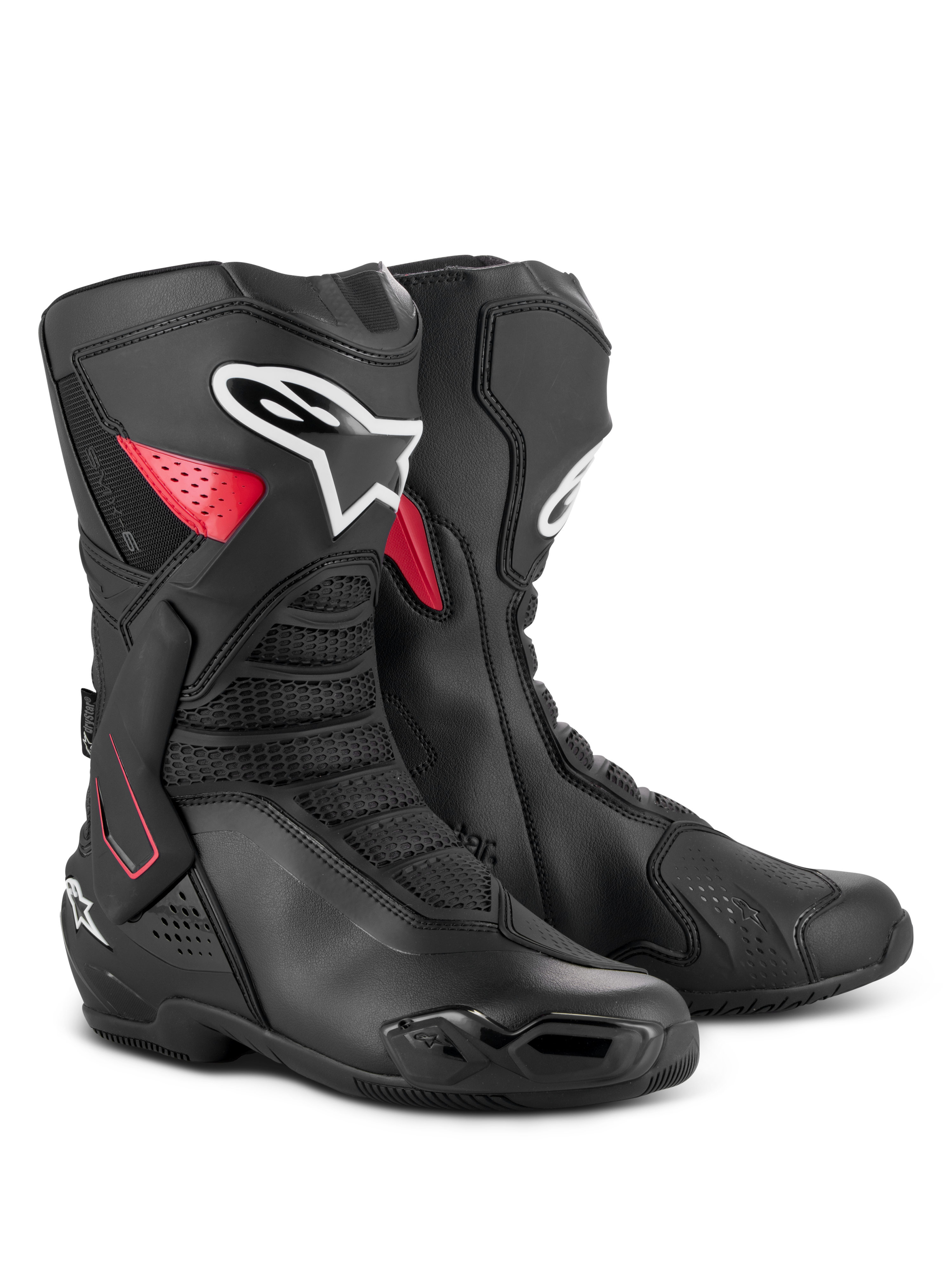 Bottes Alpinestars SMX-6 V3 Drystar, bottes de performance moto imperméables, noir et rouge, avec renfort de cheville latéral en TPU, protège-tibia renforcé et construction en microfibre pour la piste et la route