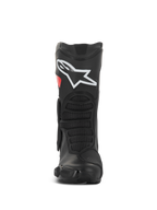 Bottes Alpinestars SMX-6 V3 Drystar®, bottes de moto haute performance, noir et rouge, vue de face avec grand logo blanc sur le tibia, zones de flexion avant texturées et design protecteur profilé