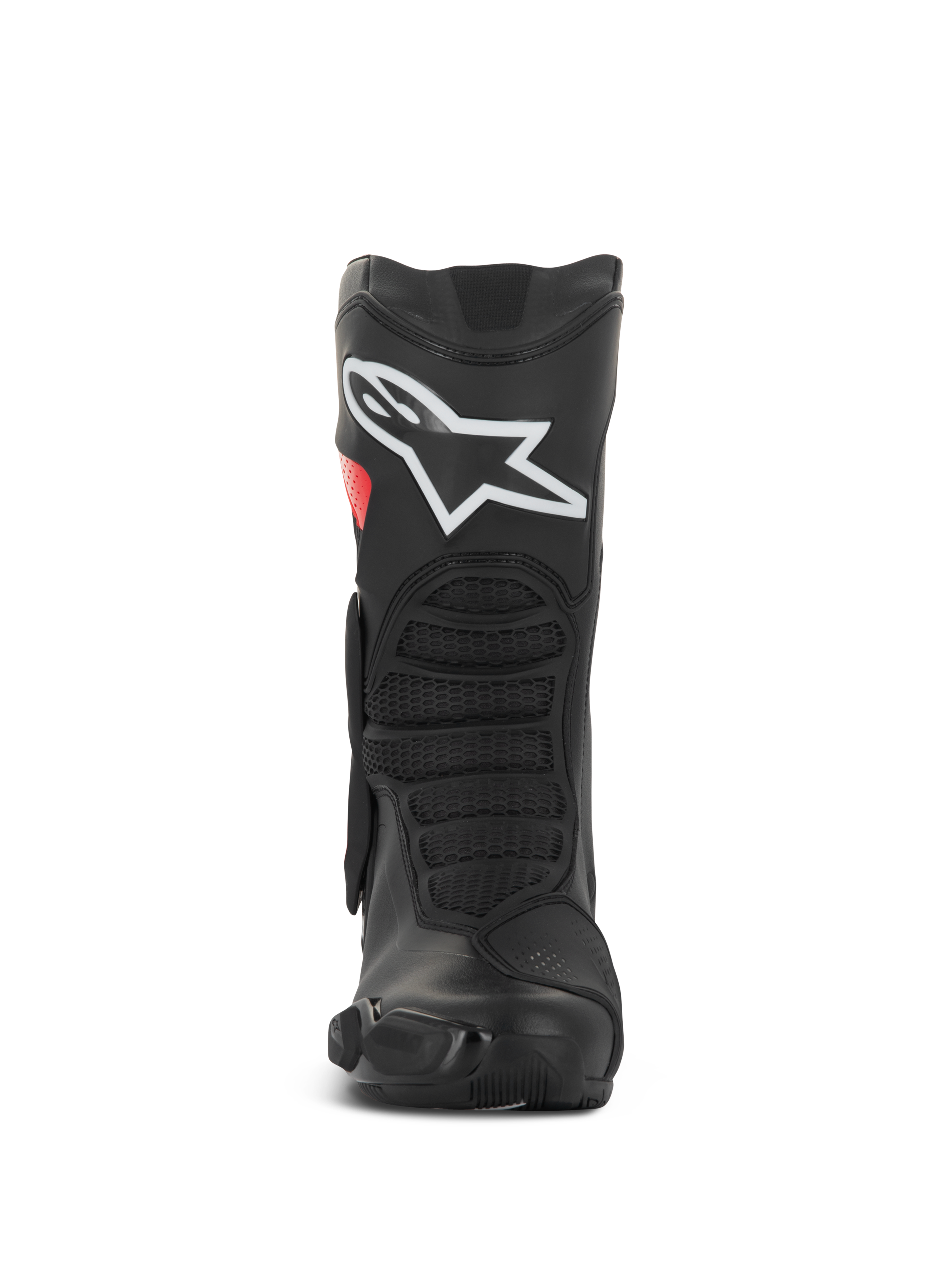 Bottes Alpinestars SMX-6 V3 Drystar®, bottes de moto haute performance, noir et rouge, vue de face avec grand logo blanc sur le tibia, zones de flexion avant texturées et design protecteur profilé