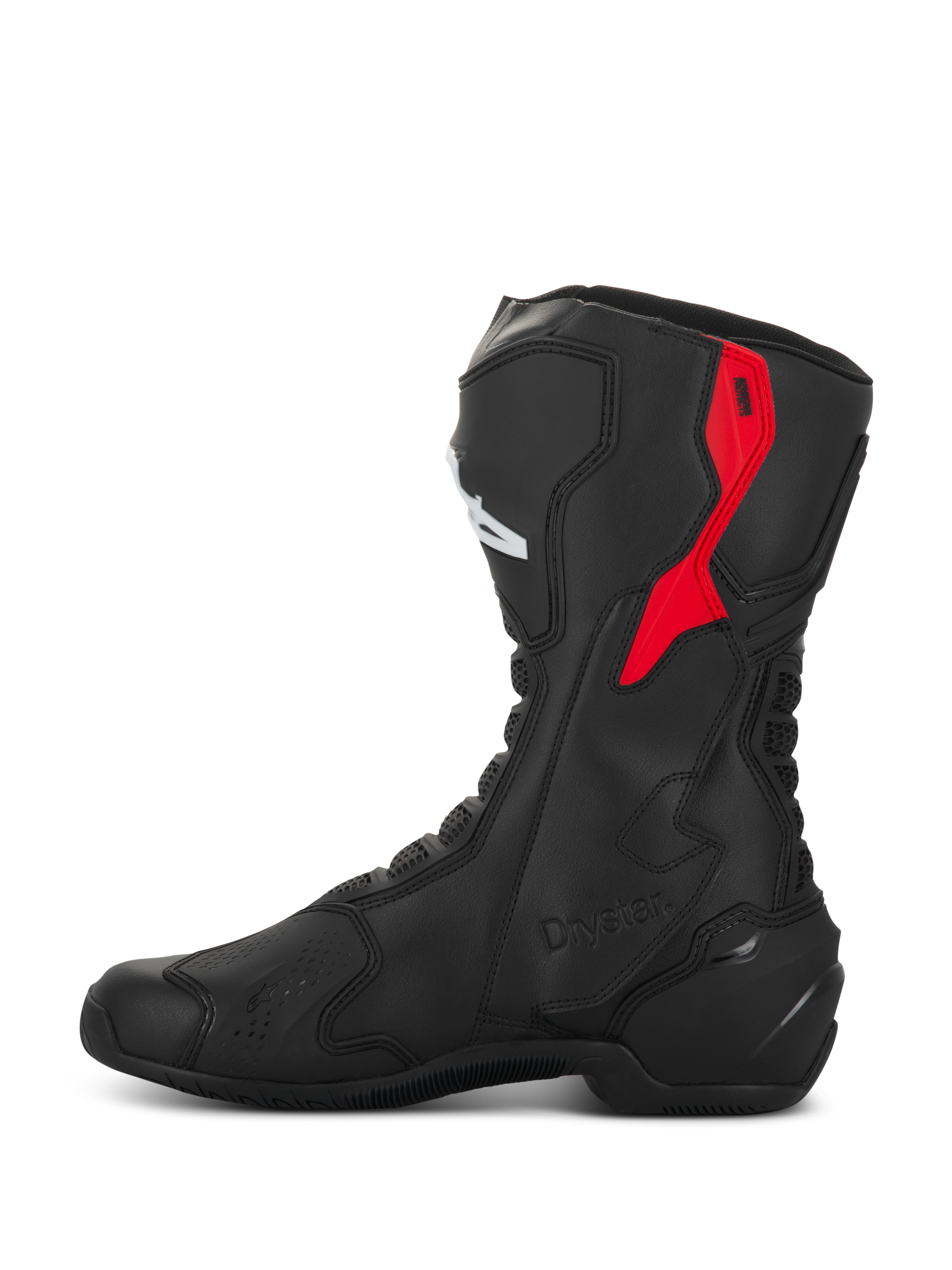 Bottes Alpinestars SMX-6 V3 Drystar, bottes de moto haute performance, noir et rouge, avec protection du mollet en TPU rouge, logo Drystar embossé et construction élégante en microfibre, vue de profil