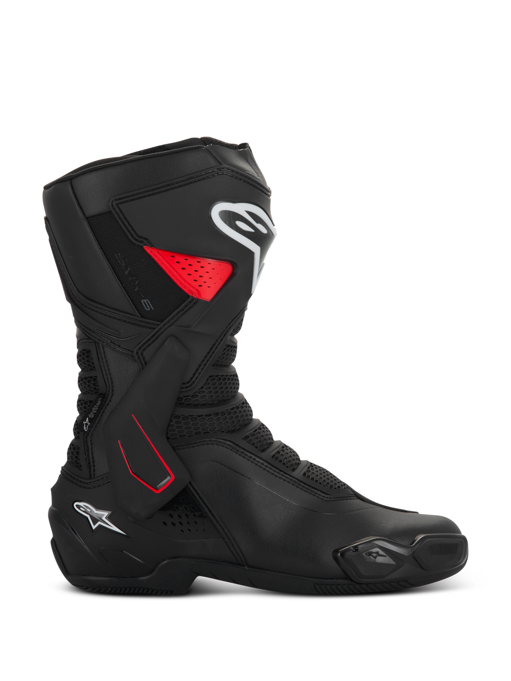 Bottes Alpinestars SMX-6 V3 Drystar, bottes de moto sport, noires avec accents rouges et blancs, vue de profil, construction en microfibre imperméable, renfort de cheville latéral en TPU avec détails rouges, logos blancs sur le tibia et le talon, slider d'orteil intégré et zones de flexion en mesh