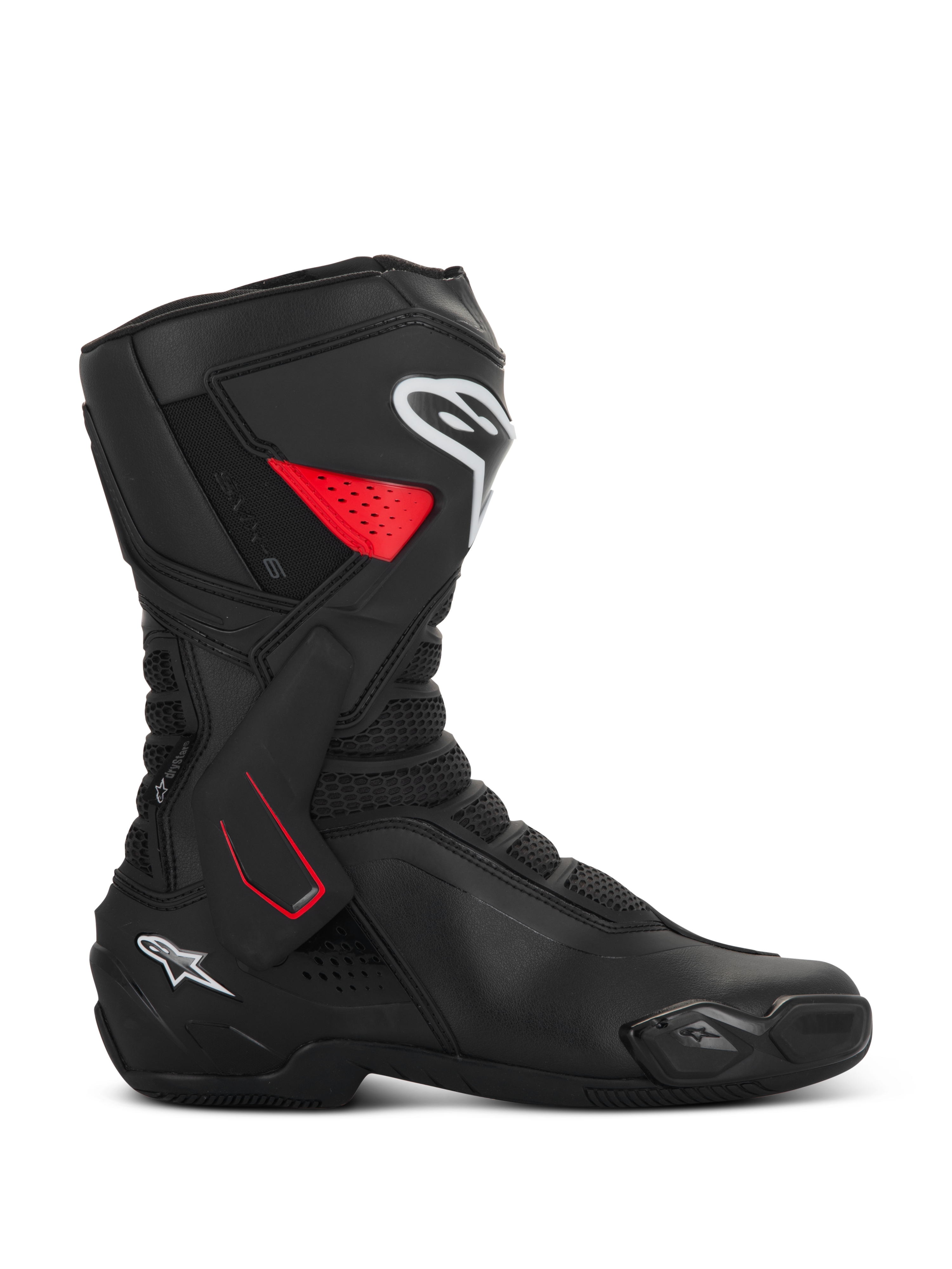Bottes Alpinestars SMX-6 V3 Drystar, bottes de moto sport, noires avec accents rouges et blancs, vue de profil, construction en microfibre imperméable, renfort de cheville latéral en TPU avec détails rouges, logos blancs sur le tibia et le talon, slider d'orteil intégré et zones de flexion en mesh