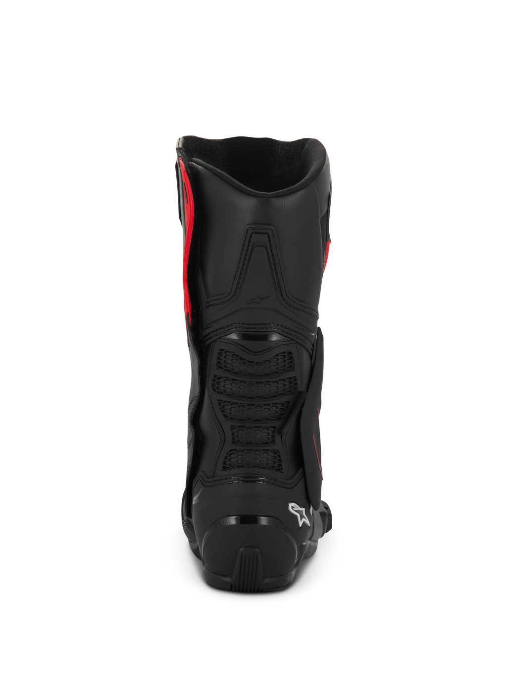 Bottes Alpinestars SMX-6 V3 Drystar®, noir et rouge, vue arrière montrant le contrefort de talon en TPU et la protection du mollet, chaussures de moto de performance avec construction en microfibre imperméable