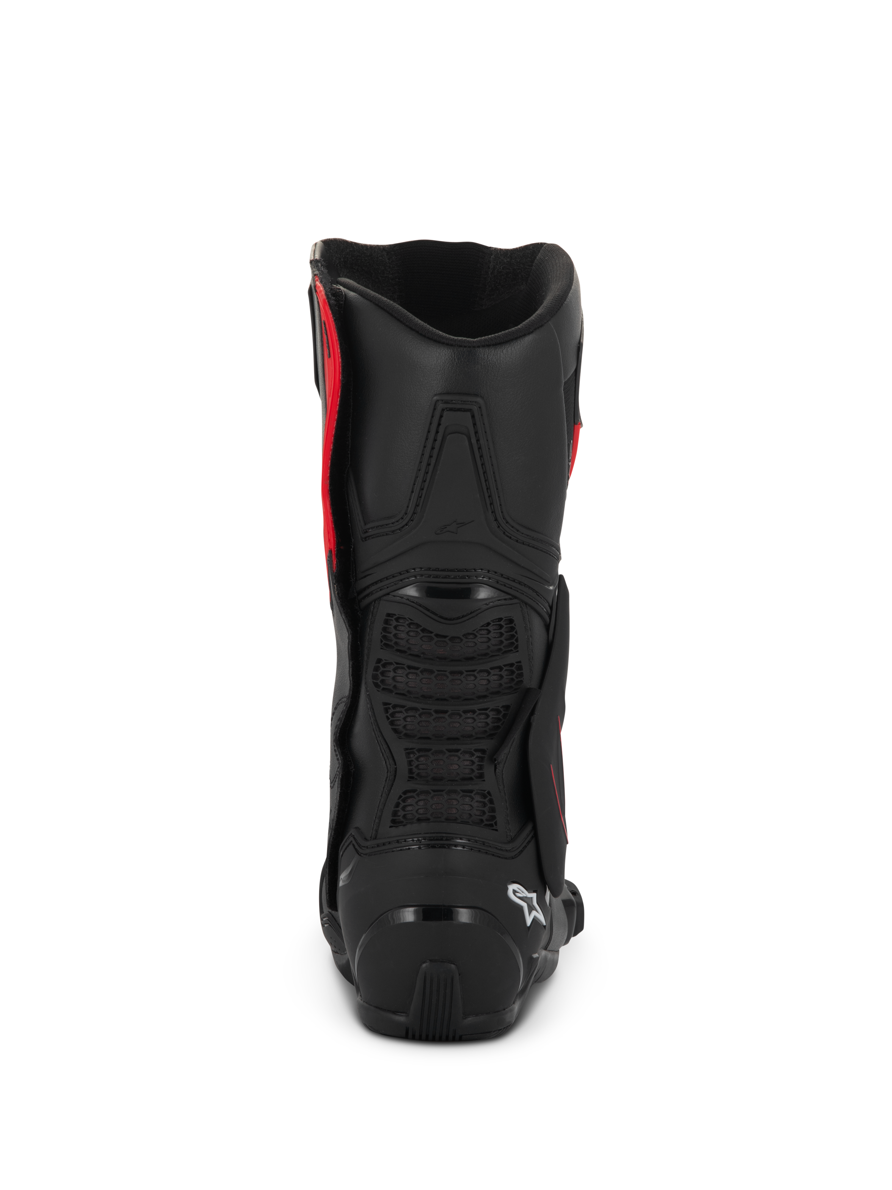 Bottes Alpinestars SMX-6 V3 Drystar®, noir et rouge, vue arrière montrant le contrefort de talon en TPU et la protection du mollet, chaussures de moto de performance avec construction en microfibre imperméable