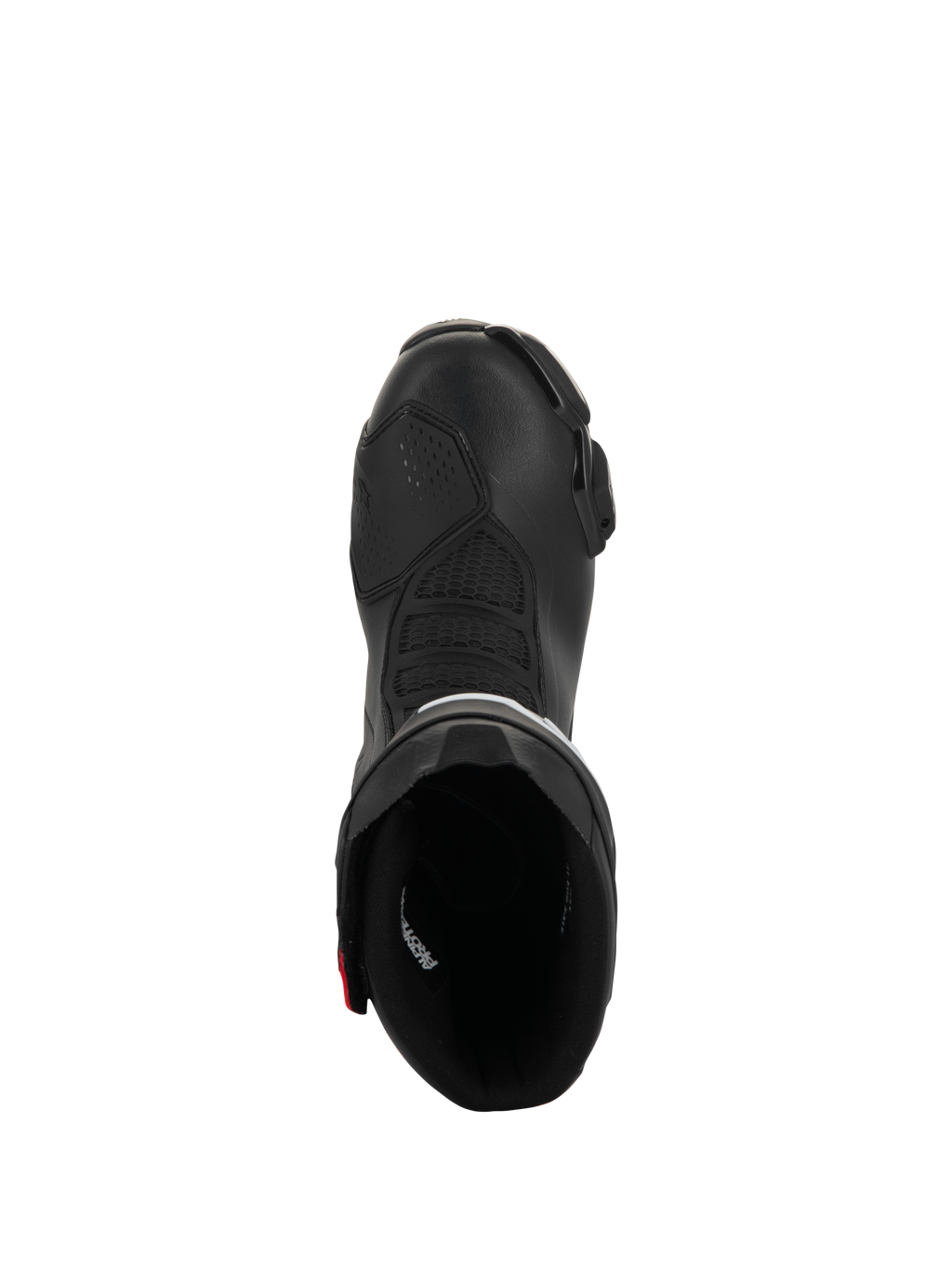 Bottes Alpinestars SMX-6 V3 Drystar, bottes de moto haute performance, noir avec accents rouges, vue de dessus plongeant dans l'ouverture de la botte, zones de flexion texturées et construction en microfibre