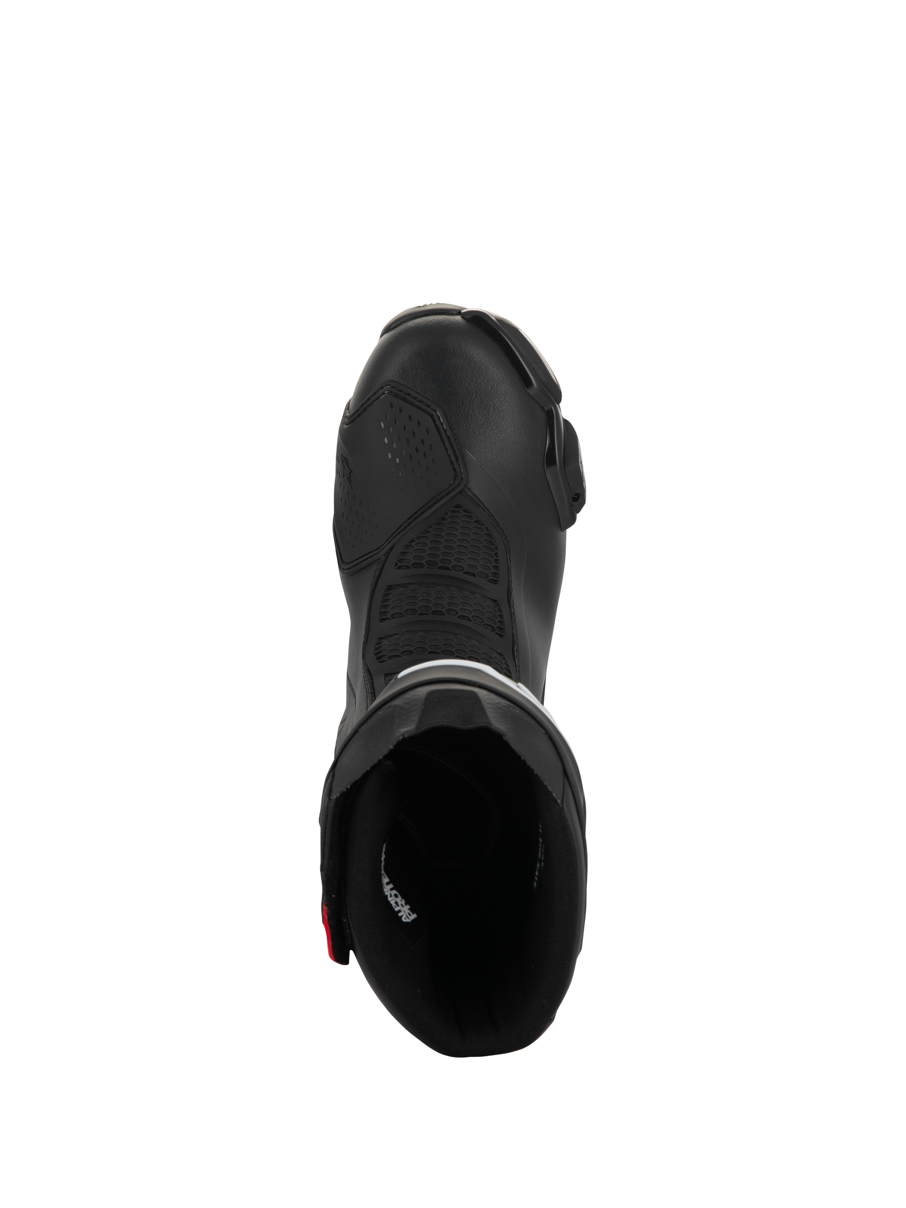 Bottes Alpinestars SMX-6 V3 Drystar, bottes de moto haute performance, noir avec accents rouges, vue de dessus plongeant dans l'ouverture de la botte, zones de flexion texturées et construction en microfibre