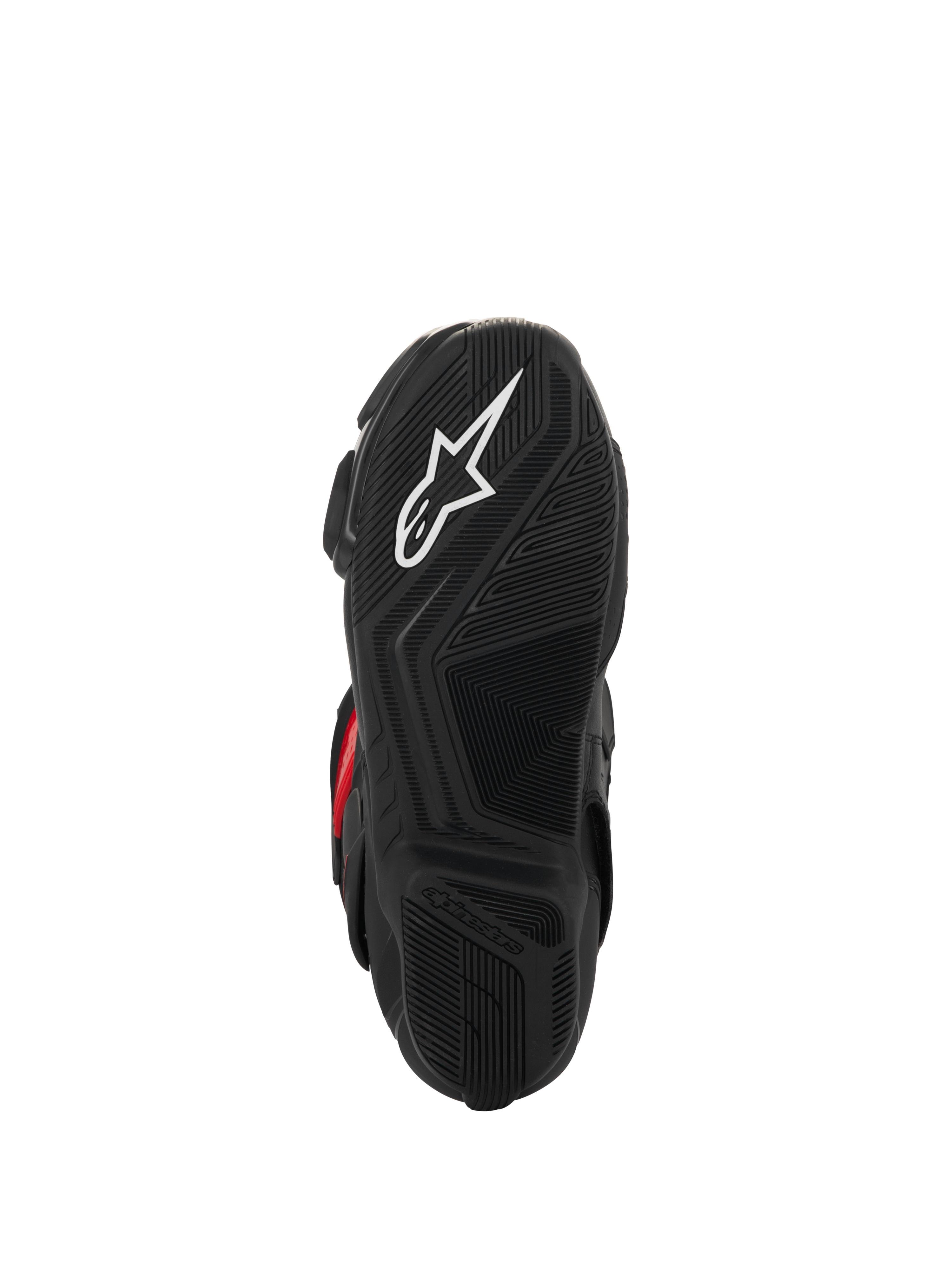 Bottes Alpinestars SMX-6 V3 Drystar®, vue de la semelle, caoutchouc texturé noir pour l'adhérence, avec logo étoile blanc et marquage Alpinestars embossé, chaussures de moto haute performance