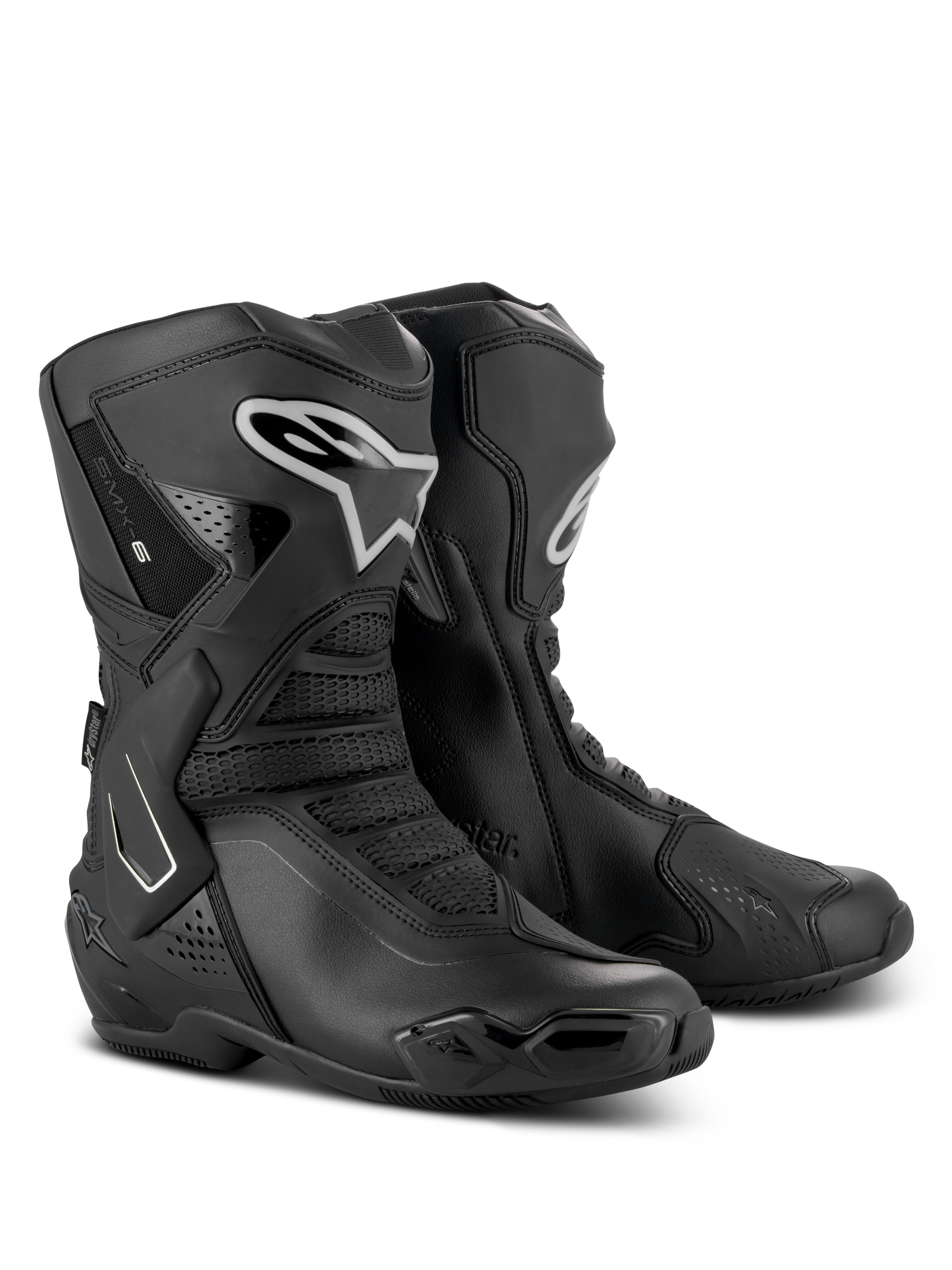 Bottes Alpinestars Stella SMX-6 V3 Drystar, bottes de moto de performance pour femme, noir et argent, tige en microfibre imperméable avec protection TPU, design dérivé de la course pour la piste et la route