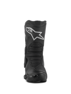 Bottes Alpinestars Stella SMX-6 V3 Drystar®, bottes de moto pour femme, noir et argent, vue de face avec logo Astar blanc proéminent sur la plaque tibiale, construction en microfibre avancée avec zones de protection texturées