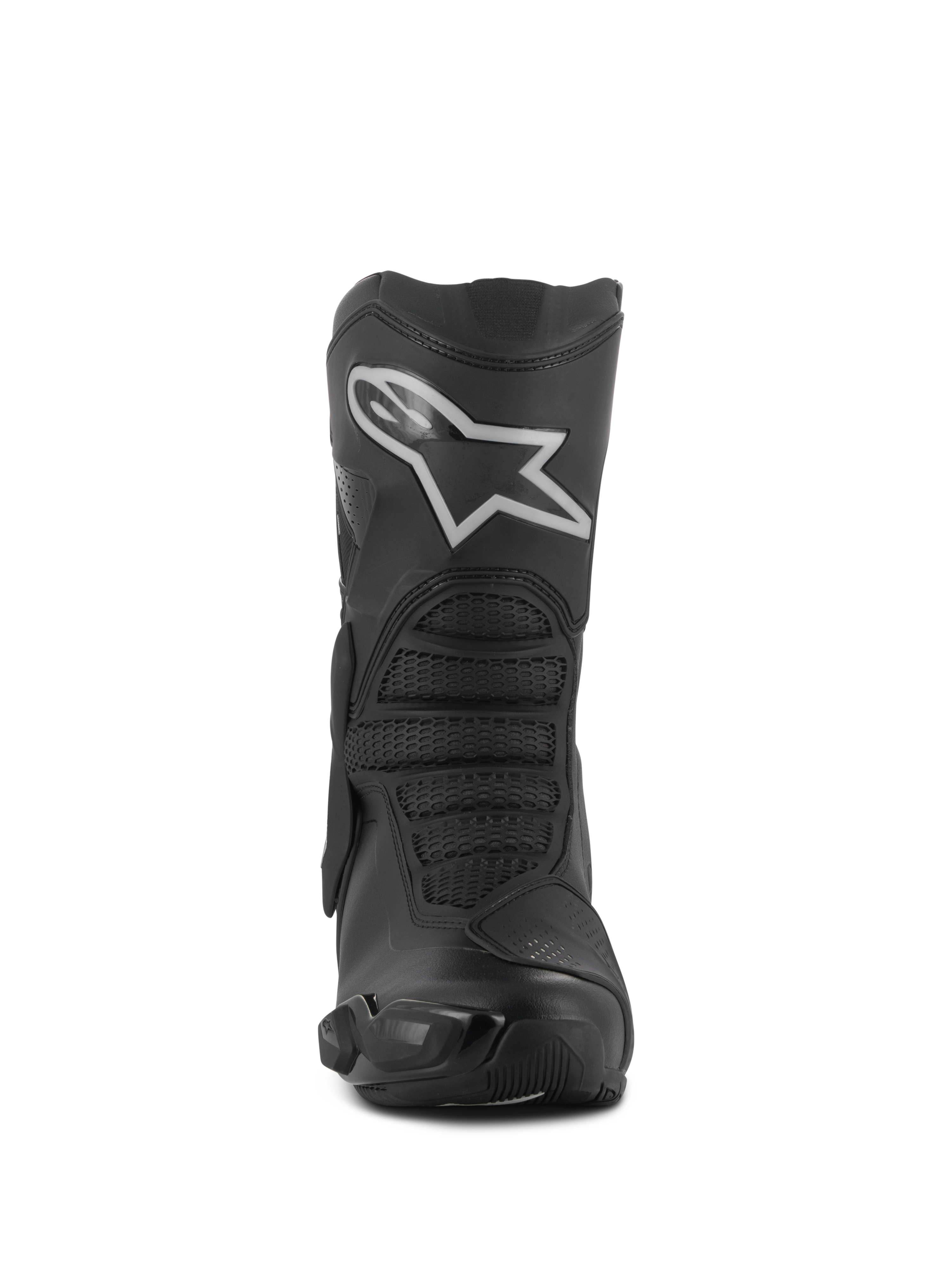 Bottes Alpinestars Stella SMX-6 V3 Drystar®, bottes de moto pour femme, noir et argent, vue de face avec logo Astar blanc proéminent sur la plaque tibiale, construction en microfibre avancée avec zones de protection texturées