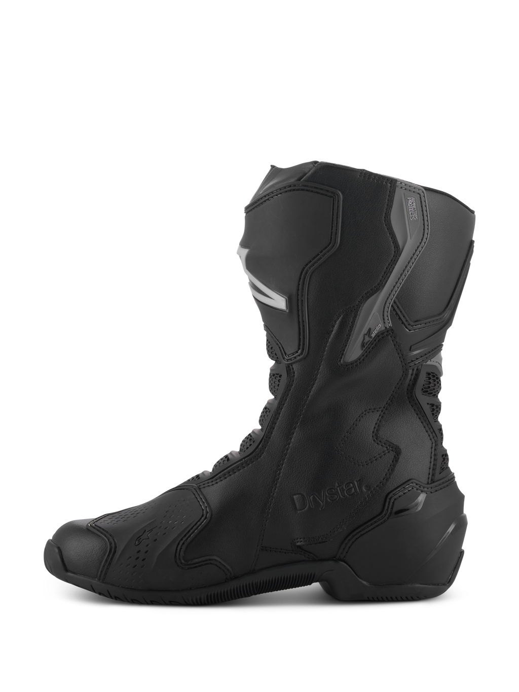 Bottes Alpinestars Stella SMX-6 V3 Drystar®, bottes de moto imperméables pour femme, noir et argent, vue de profil présentant des protections de tibia et de cheville en TPU, logo Drystar embossé, construction en microfibre durable pour le pilotage sportif et routier.