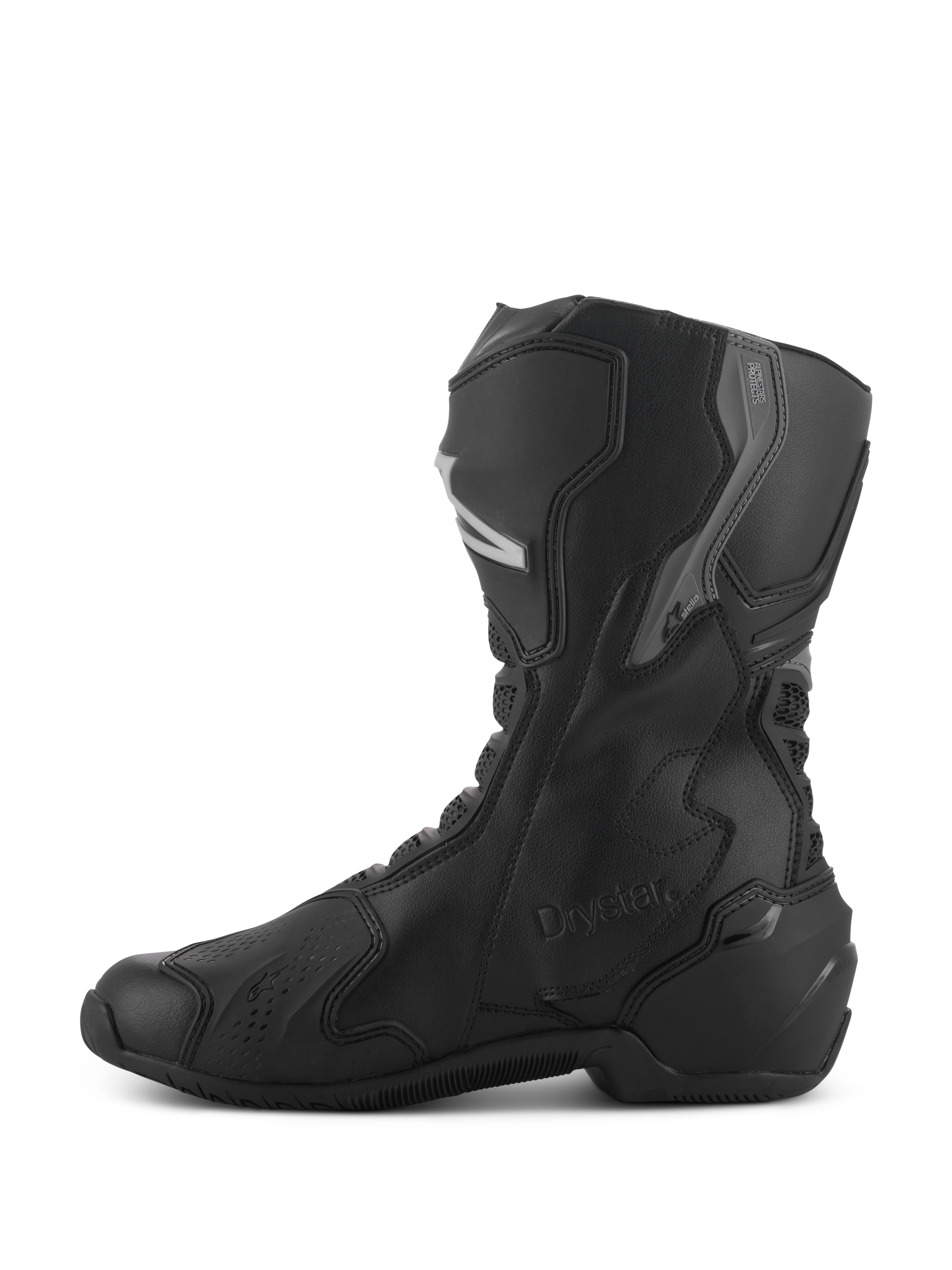 Bottes Alpinestars Stella SMX-6 V3 Drystar®, bottes de moto imperméables pour femme, noir et argent, vue de profil présentant des protections de tibia et de cheville en TPU, logo Drystar embossé, construction en microfibre durable pour le pilotage sportif et routier.