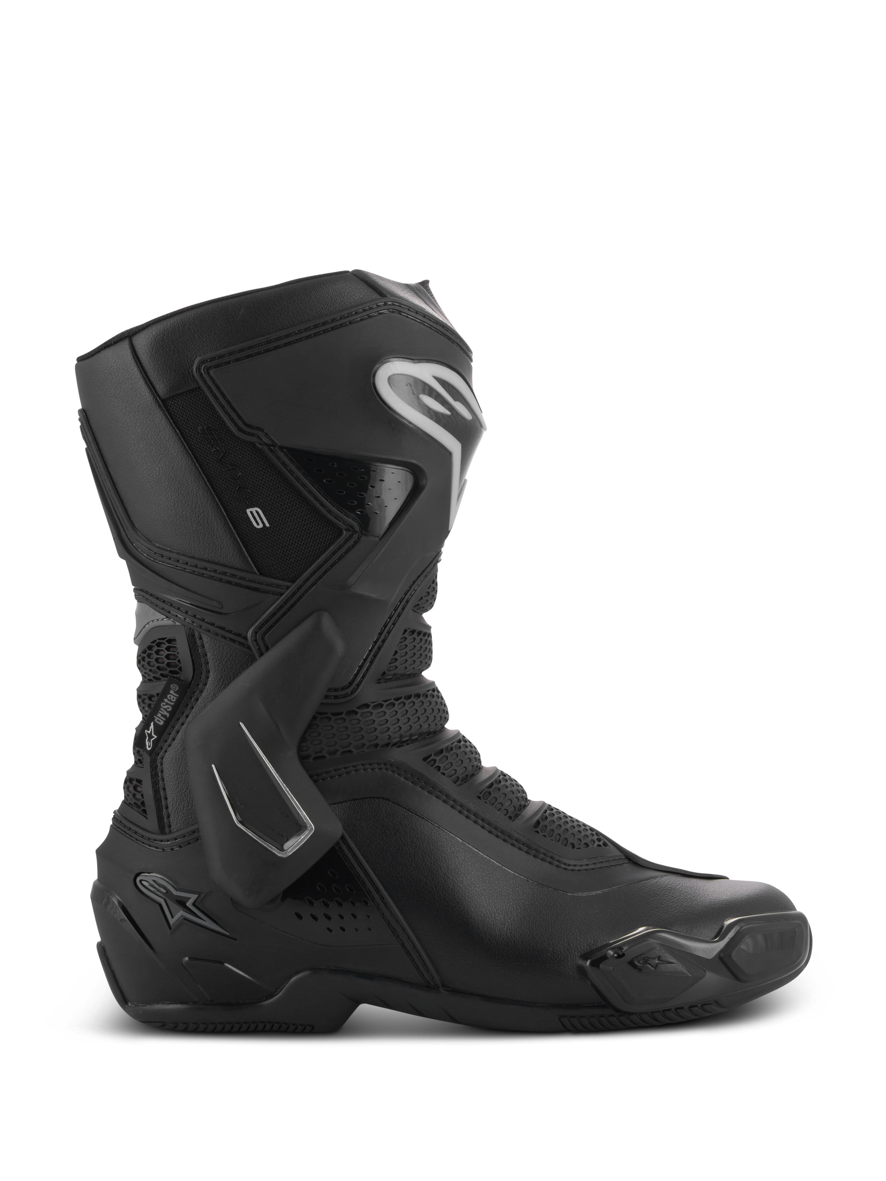 Bottes Alpinestars Stella SMX-6 V3 Drystar, bottes de moto pour femme, noires avec accents argentés, membrane Drystar imperméable, dotées d'une plaque de tibia en TPU, d'une protection de cheville et d'un slider d'orteil, équipement de pilotage haute performance