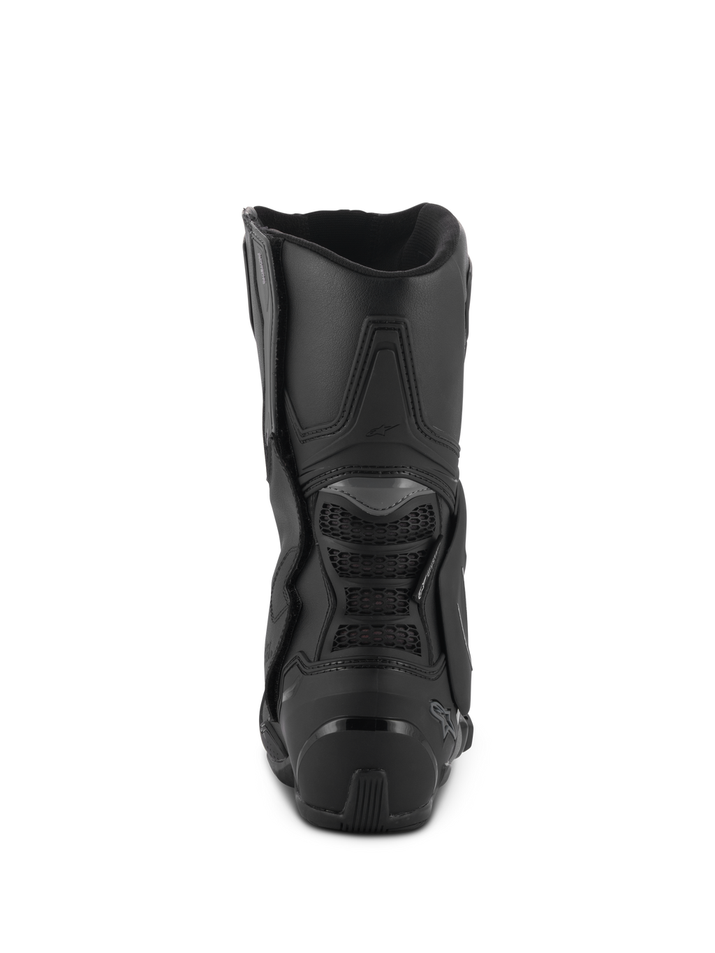 Bottes Alpinestars Stella SMX-6 V3 Drystar®, Noir, vue arrière montrant le contrefort de talon en TPU et la protection arrière du mollet, bottes de moto imperméables haute performance pour femme