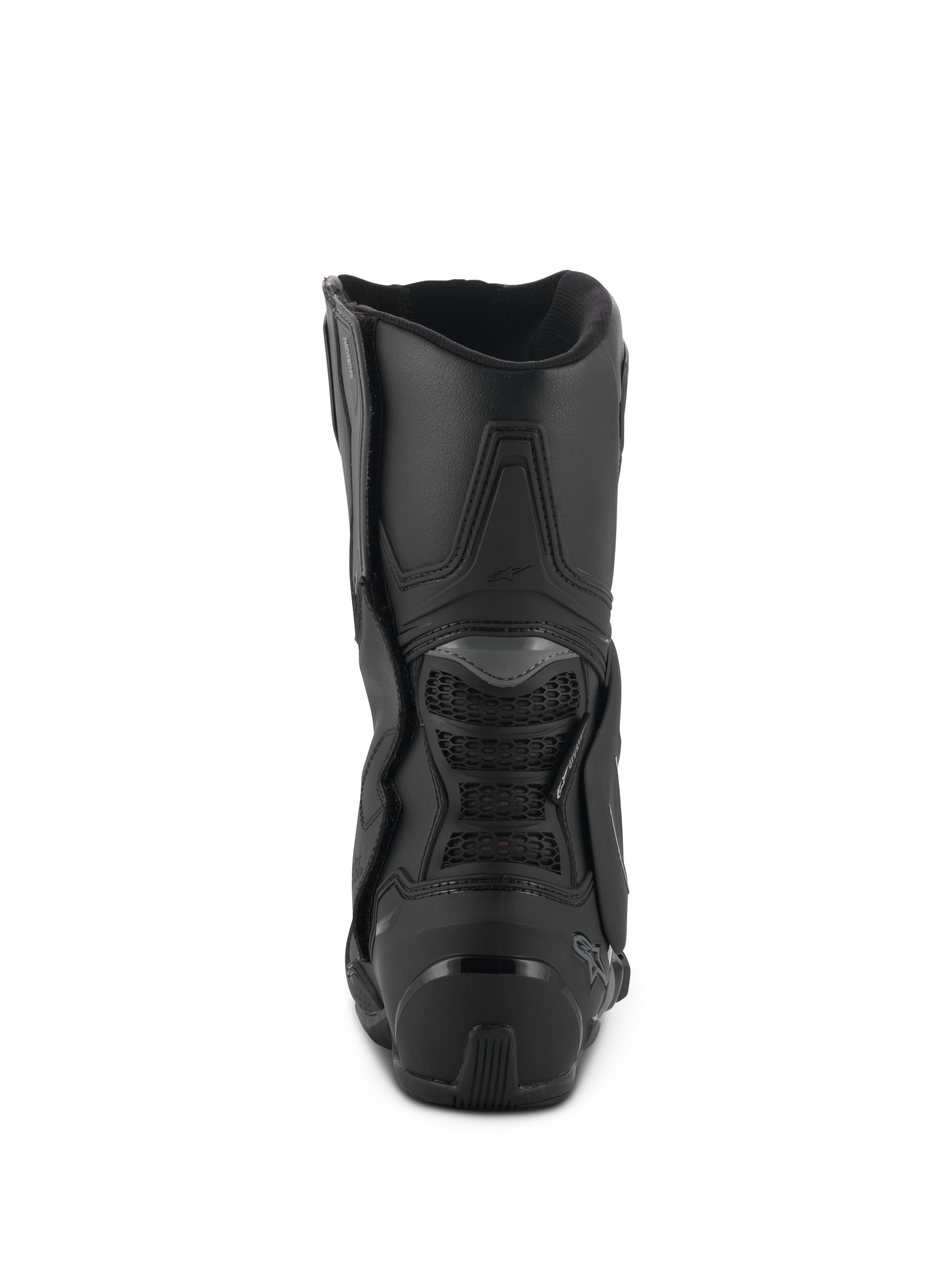 Bottes Alpinestars Stella SMX-6 V3 Drystar®, Noir, vue arrière montrant le contrefort de talon en TPU et la protection arrière du mollet, bottes de moto imperméables haute performance pour femme
