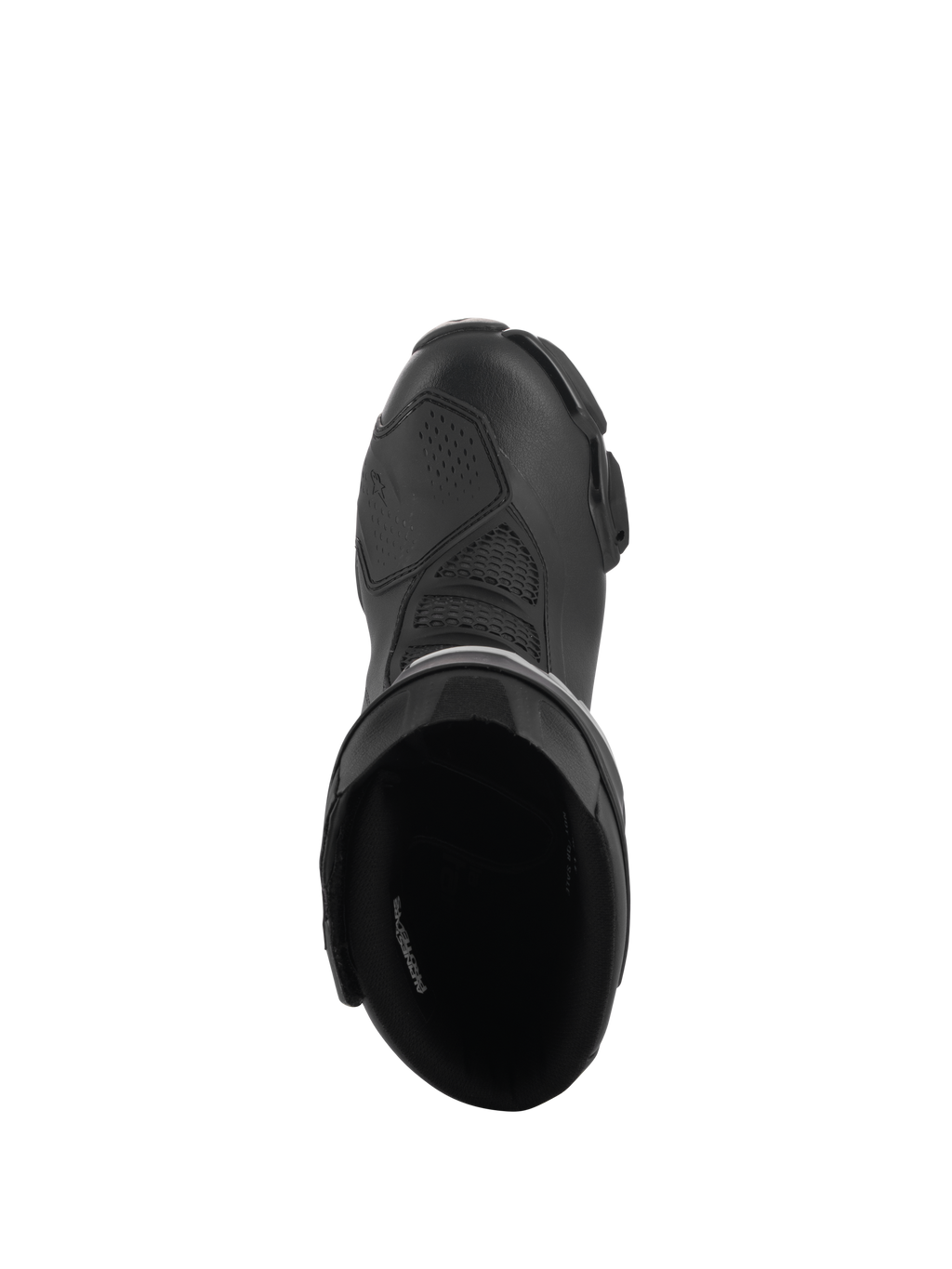 Bottes Alpinestars Stella SMX-6 V3 Drystar®, bottes de moto de performance pour femme, noir, vue de dessus montrant l'ouverture intérieure rembourrée et la tige en microfibre texturée avec un renfort de sélecteur protecteur