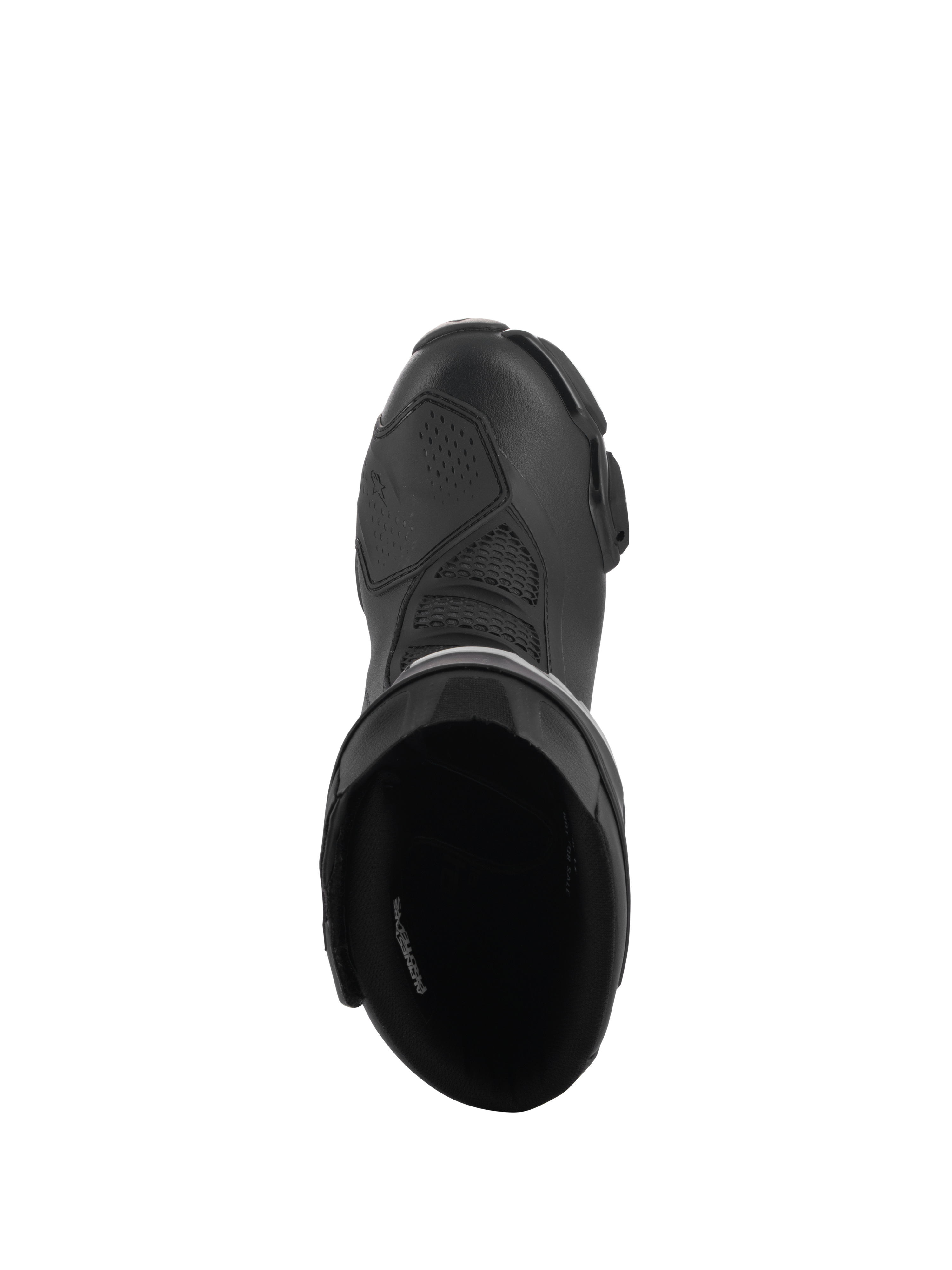 Bottes Alpinestars Stella SMX-6 V3 Drystar®, bottes de moto de performance pour femme, noir, vue de dessus montrant l'ouverture intérieure rembourrée et la tige en microfibre texturée avec un renfort de sélecteur protecteur
