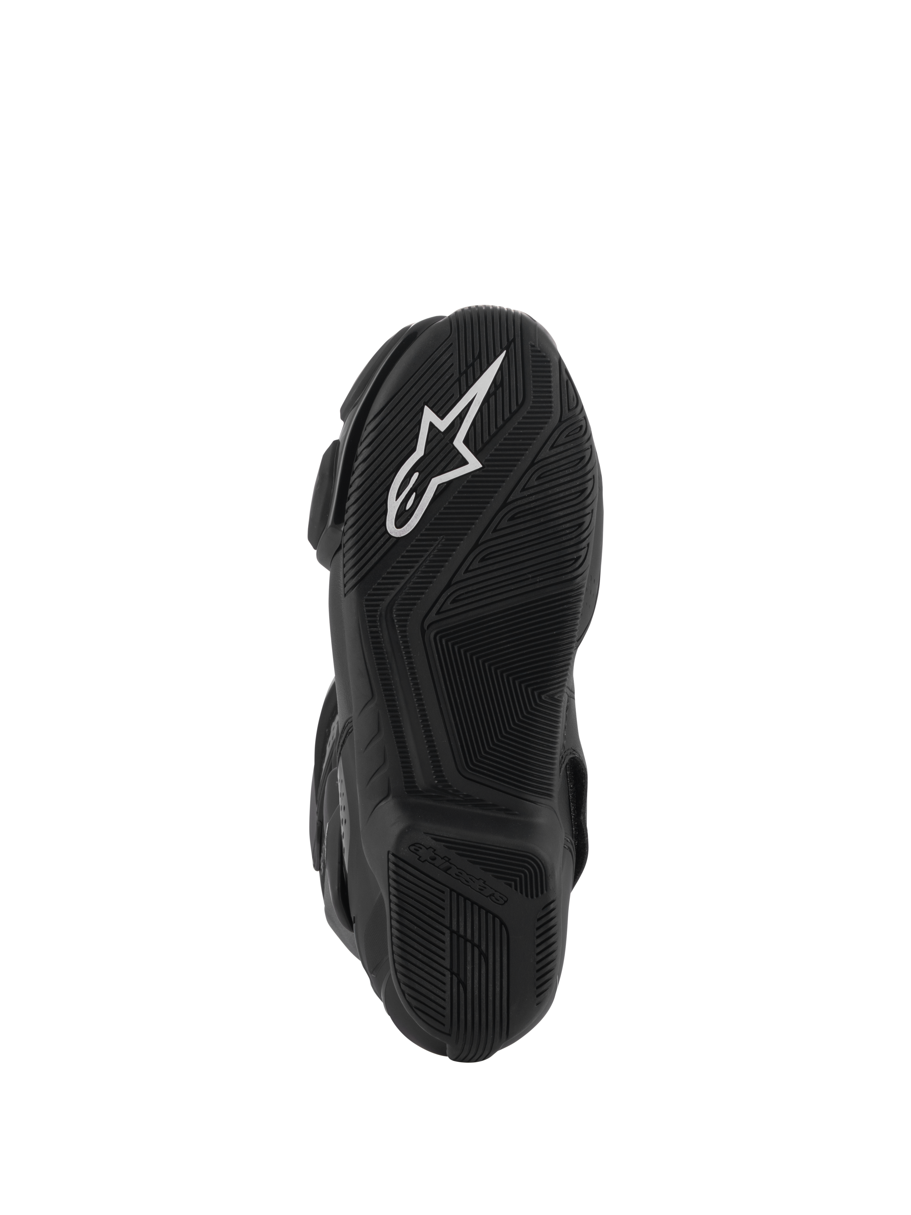 Bottes Alpinestars Stella SMX-6 V3 Drystar®, vue de dessous de la semelle en caoutchouc noir, avec un logo en étoile Alpinestars blanc proéminent, des motifs d'adhérence texturés pour la traction et un design profilé pour le contrôle de la moto.